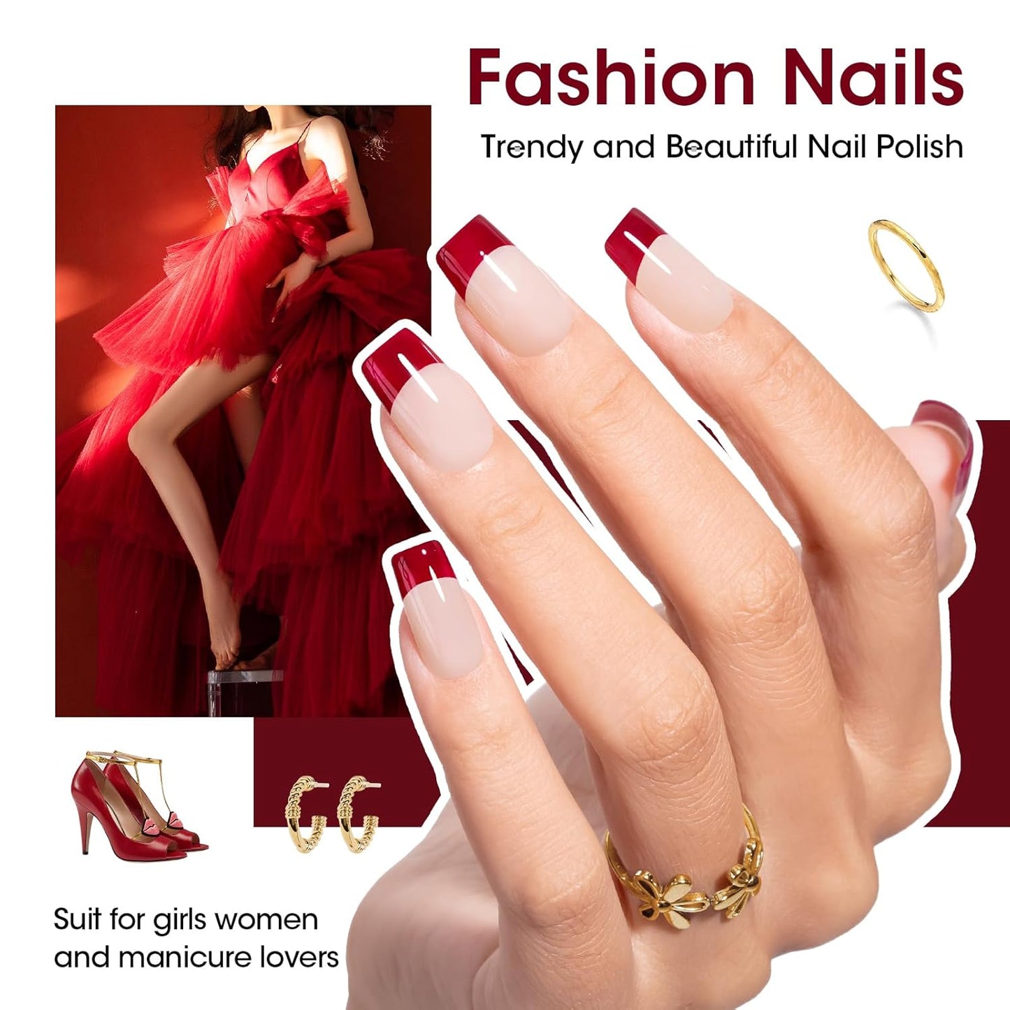 GELLEN Dark Red Nail Polish & Base Top Coat, Deep Burgundy Cherry Wine Blood Red 4 Colors Set, Quick Air Dry Regular Nail Polish for Women Gifts Home Salon Nails, Not UV Gel, Hema Free, Non-toxic