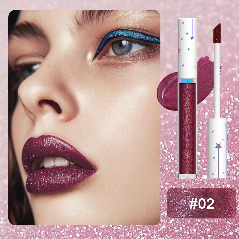 evpct 1Pcs Dark Wine Red Metallic Shimmer Glitter Lip Gloss Liquid Lipstick Long Lasting Waterproof 24, Glitter Pearlescent Metallic Sparkly Liquid Lipsticks Lip Stains Makeup Set for Women 02