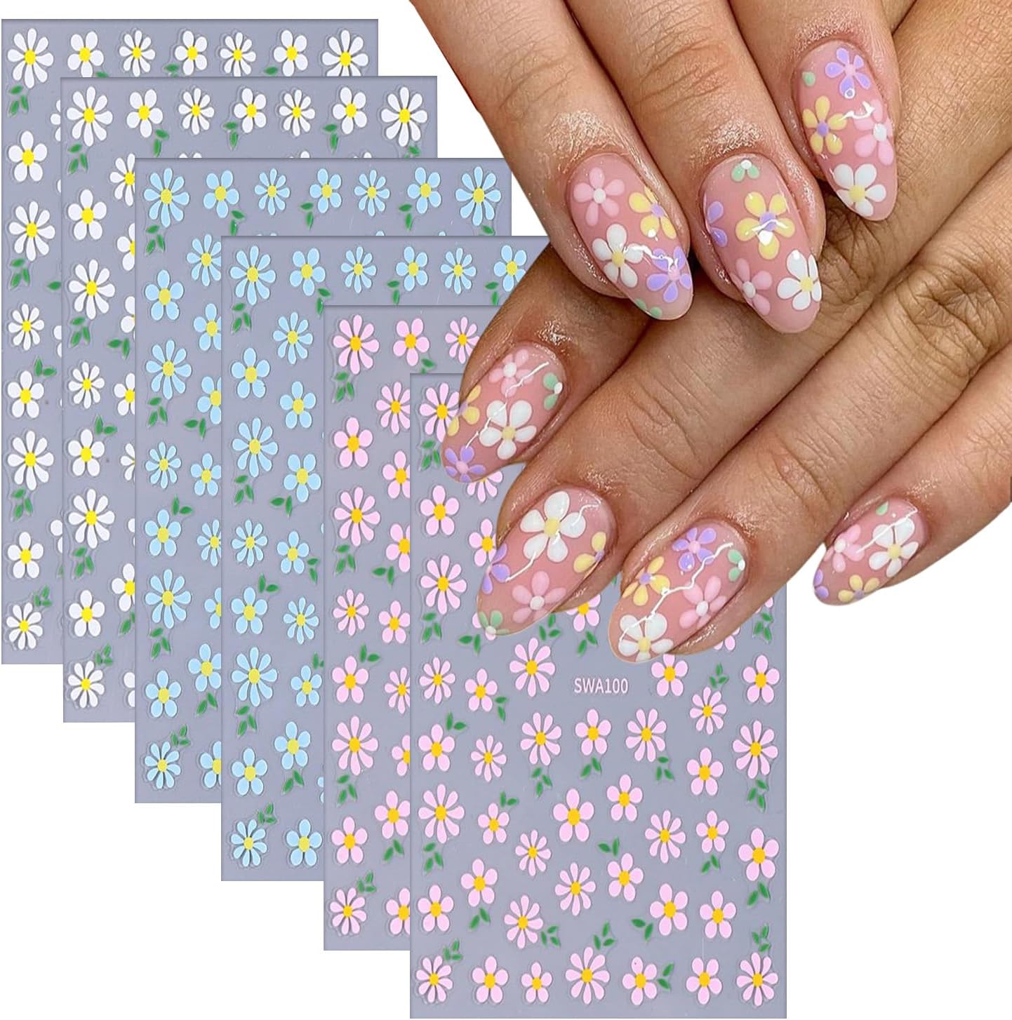 6 Sheets Flower Nail Art Stickers Daisy Nail Art Decals 3D Self-Adhesive Spring Nails Sticker Holographic Pink Blue White Blossom Nails Decal Decoration for Women Floral Manicure Supplies