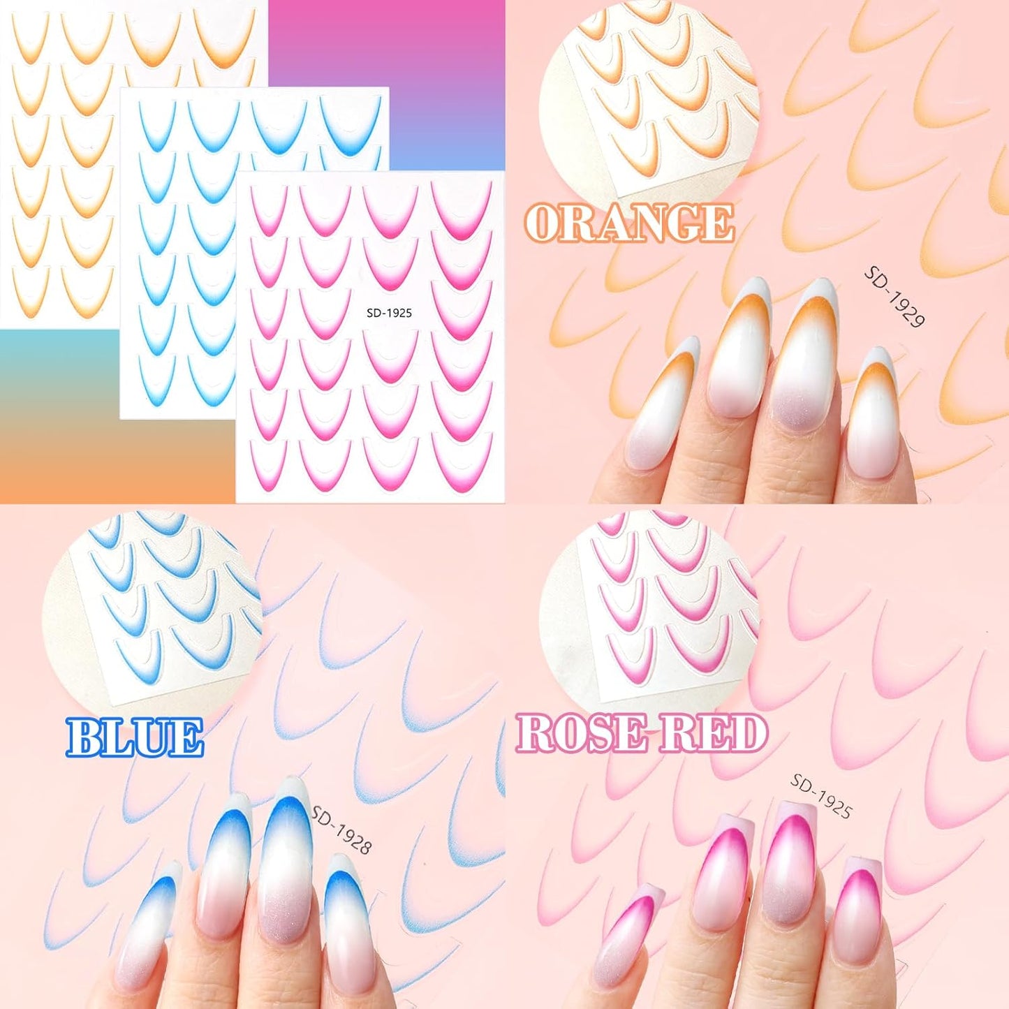 12 Sheets Colorful French Tip Nail Stickers, Gradient French Line Nail Art Stickers with Tweezer, French Tip Nail Decals 3D Self-Adhesive Nail Tips Guides for Women Manicure Decoration
