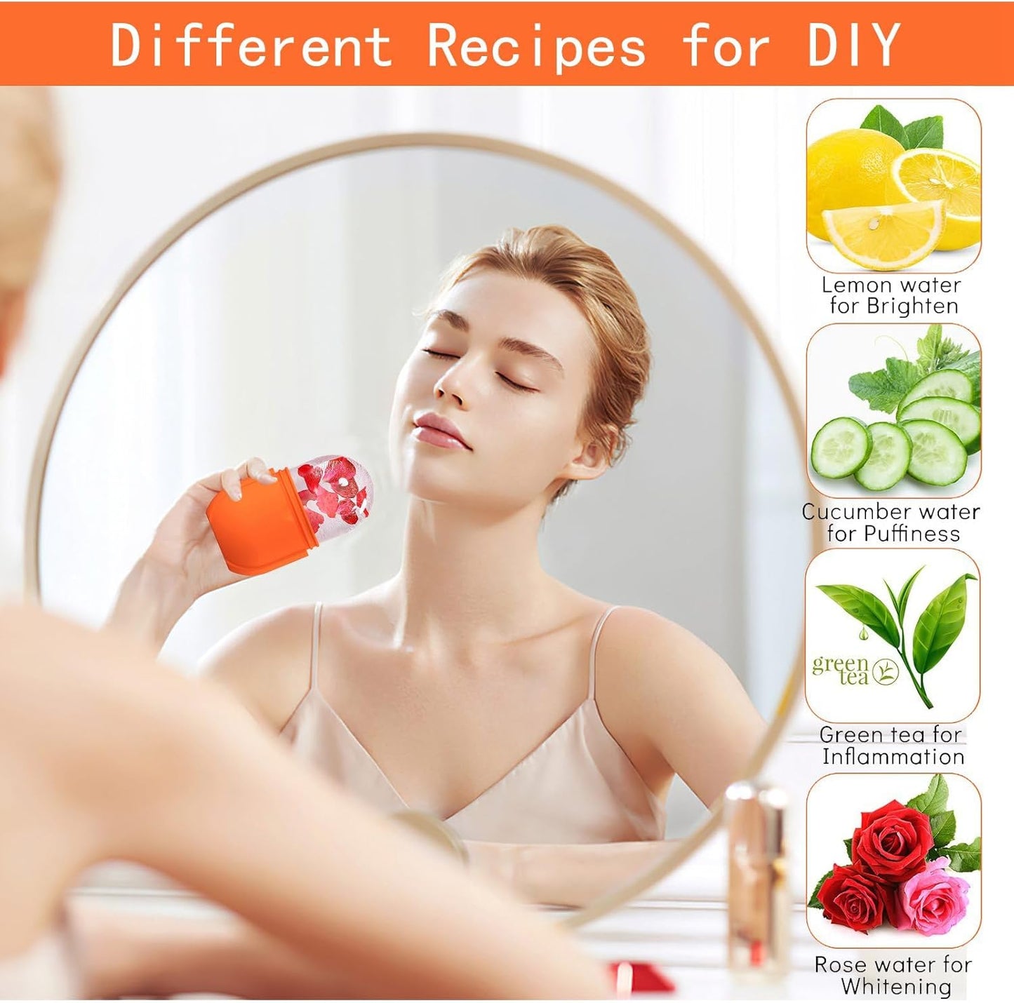 KOGITI Face Ice Roller & Mold - Beauty Facial Massage Tool for Puffiness Relief, Ice Cube Holder (New-Orange)