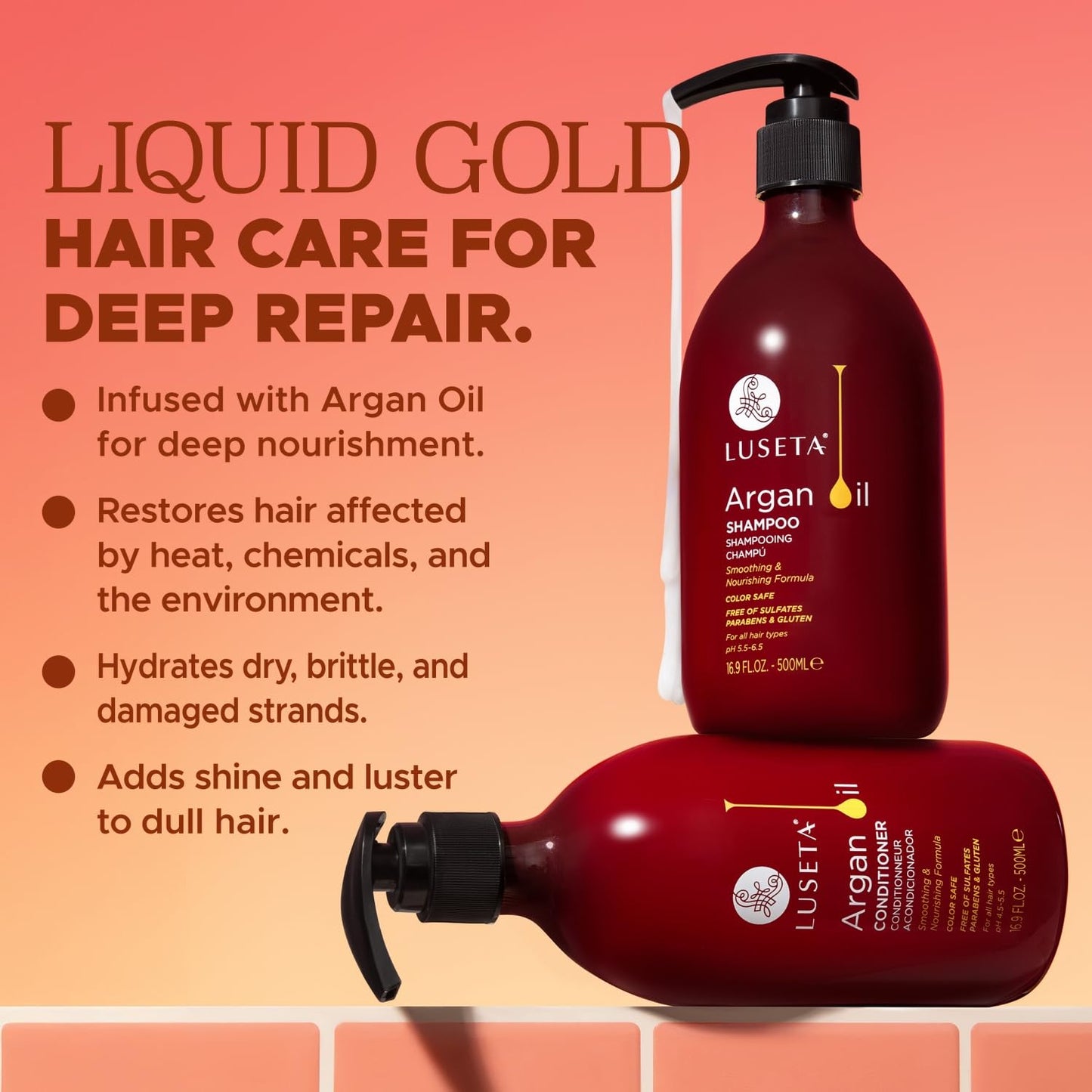 Luseta Argan Oil Shampoo and Conditioner Set Thickening for Thin & Dry Hair Smoothing & Nourishing Anti- Frizz for All Hair Types Sulfate Free for Men and Women 2 x16.9Fl Oz