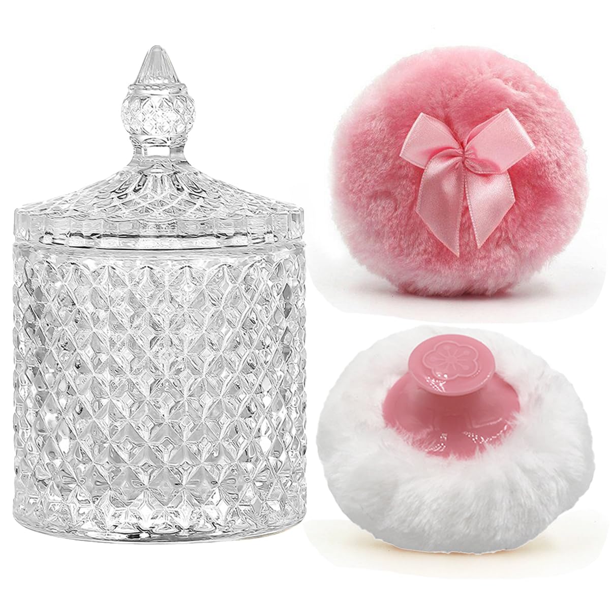 Luxury 4.2 Inch Glass Powder Container with 2 Plush Puffs｜Non-Sealed Refillable Organizer for Body Powder&Makeup｜Setting Powder Applicator w/Loose Powder Storage(Pointed Cylinder-Clear-Large)