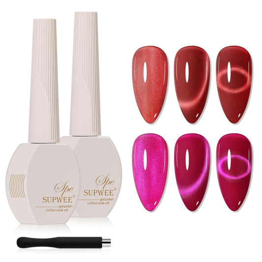 2PCS 15ML Cat Eye Gel Polish, Hot Pink Red Glass Moonlight Cateye Gel Nail Polish with Magnetic Stick Shimmer Glitter Effect Soak Off Salon DIY at Home