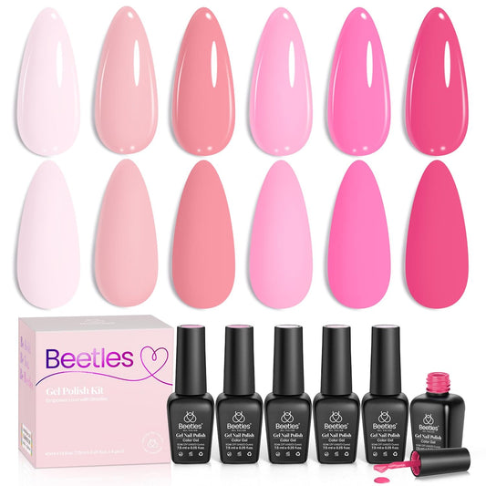 Beetles Gel Nail Polish Set - Pink Melody 6 Colors Gel Polish Kit, Nude Light Baby Hot Pink Colors, Soak off UV LED Lamp Nail Art Manicure DIY Home Gifts for Women