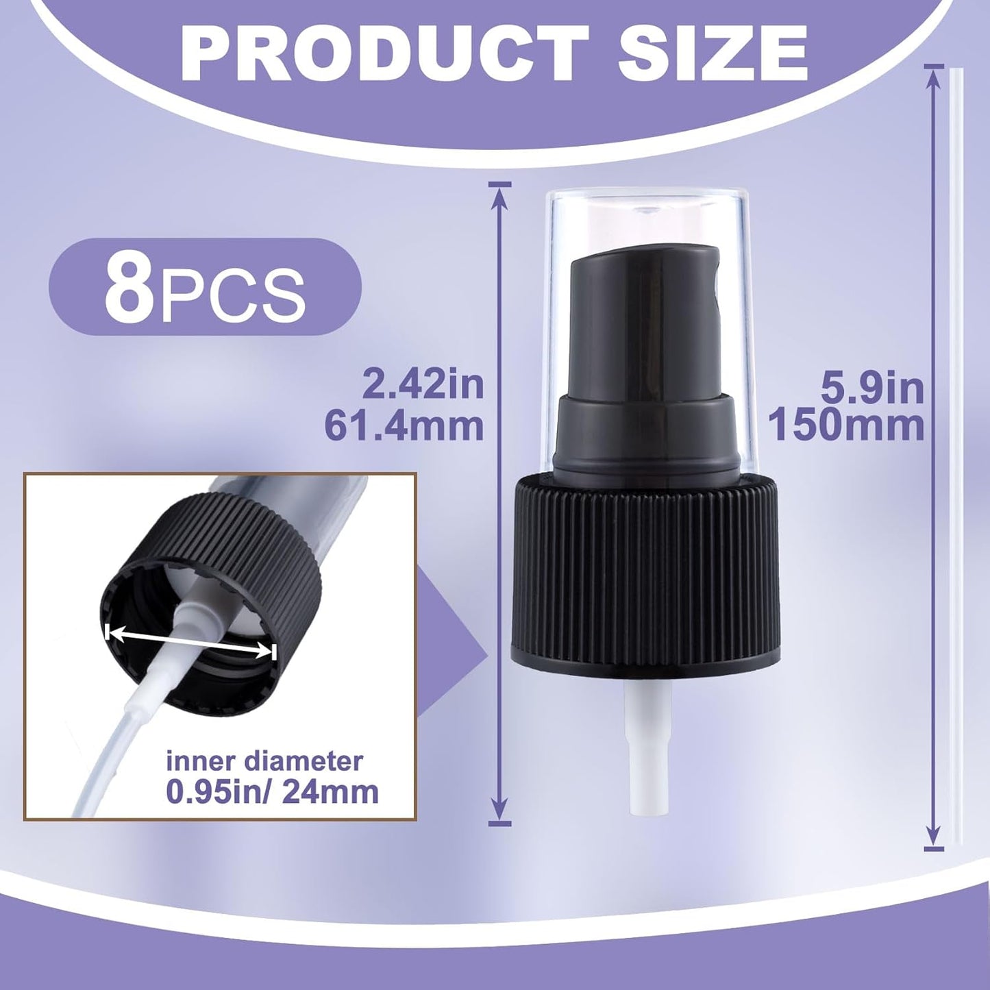 8pcs Sprayer Top Caps, Fine Mist Nozzle Replacement with 5.9" Dip Tube, 24/410 Plastic Sprayer Pump for Perfumes Cleaning Solution- Black