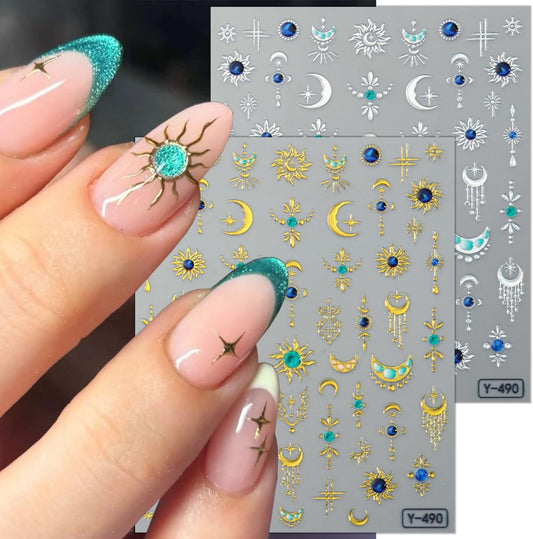 2 Sheets Celestial Nail Stickers for Nail Art Embossed Star Moon Sun Nail Art Stickers 5D Self-Adhesive Gold Silver Bohemian Style Nail Decals Moon Meteor Design Decals for Women Nail Supplies