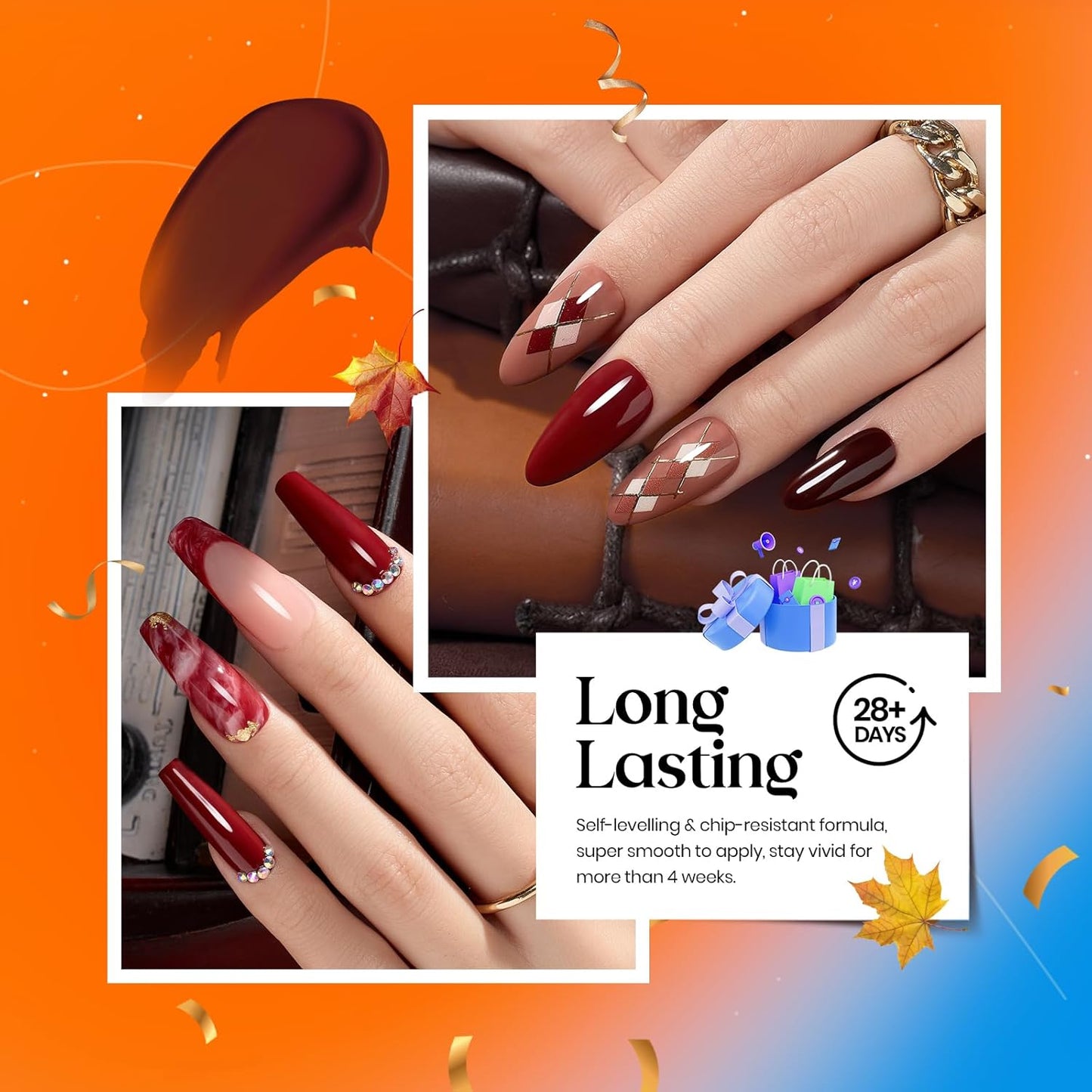 Beetles Fall Gel Polish Set Dark Brown Gel Nail Polish 6 Colors Glitter Burgundy Red Gold Black Sparkle Nail Kit Soak Off Led Manicure DIY Home Salon Gifts for Girls Women Academia Aesthetic