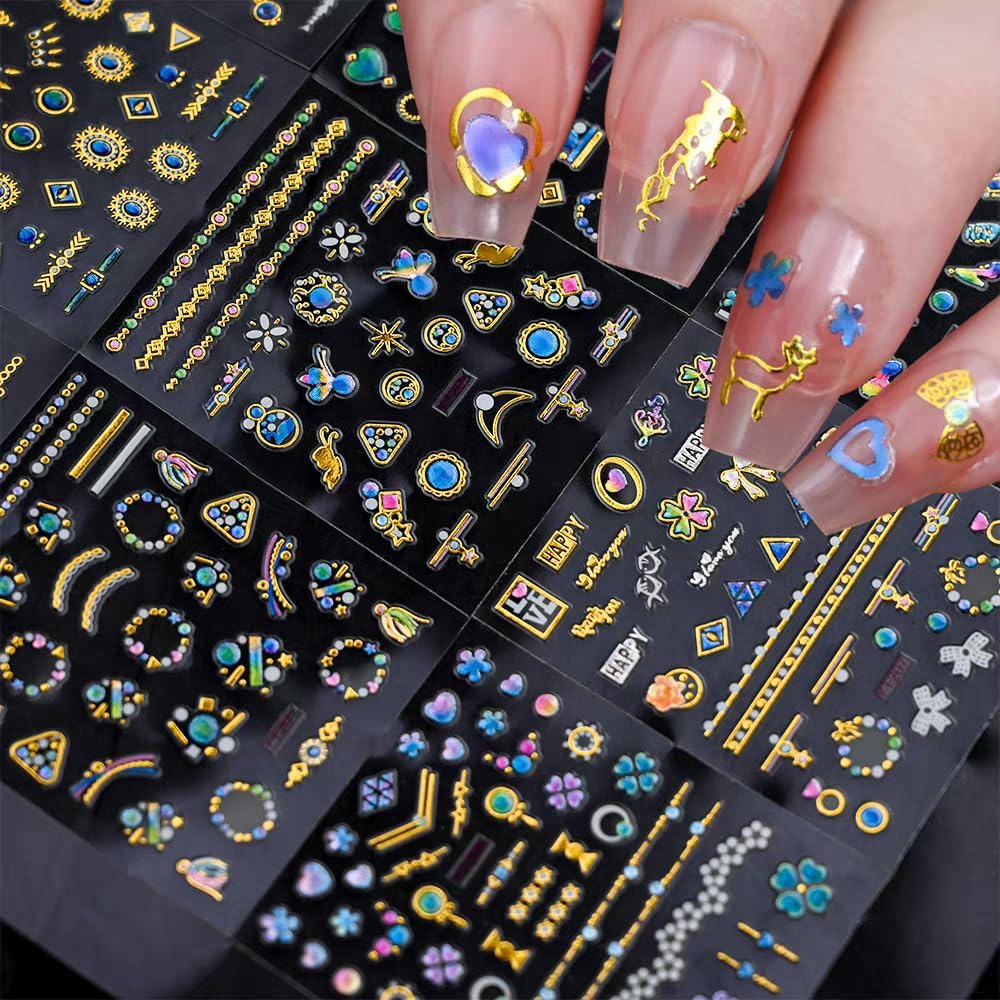 30 Sheets Gem Star Nail Stickers 3D Self Adhesive Luxury Blue Gems Theme Nail Art Charms Sticker Decals for Crafts Supplies Accessories (ST-BG)