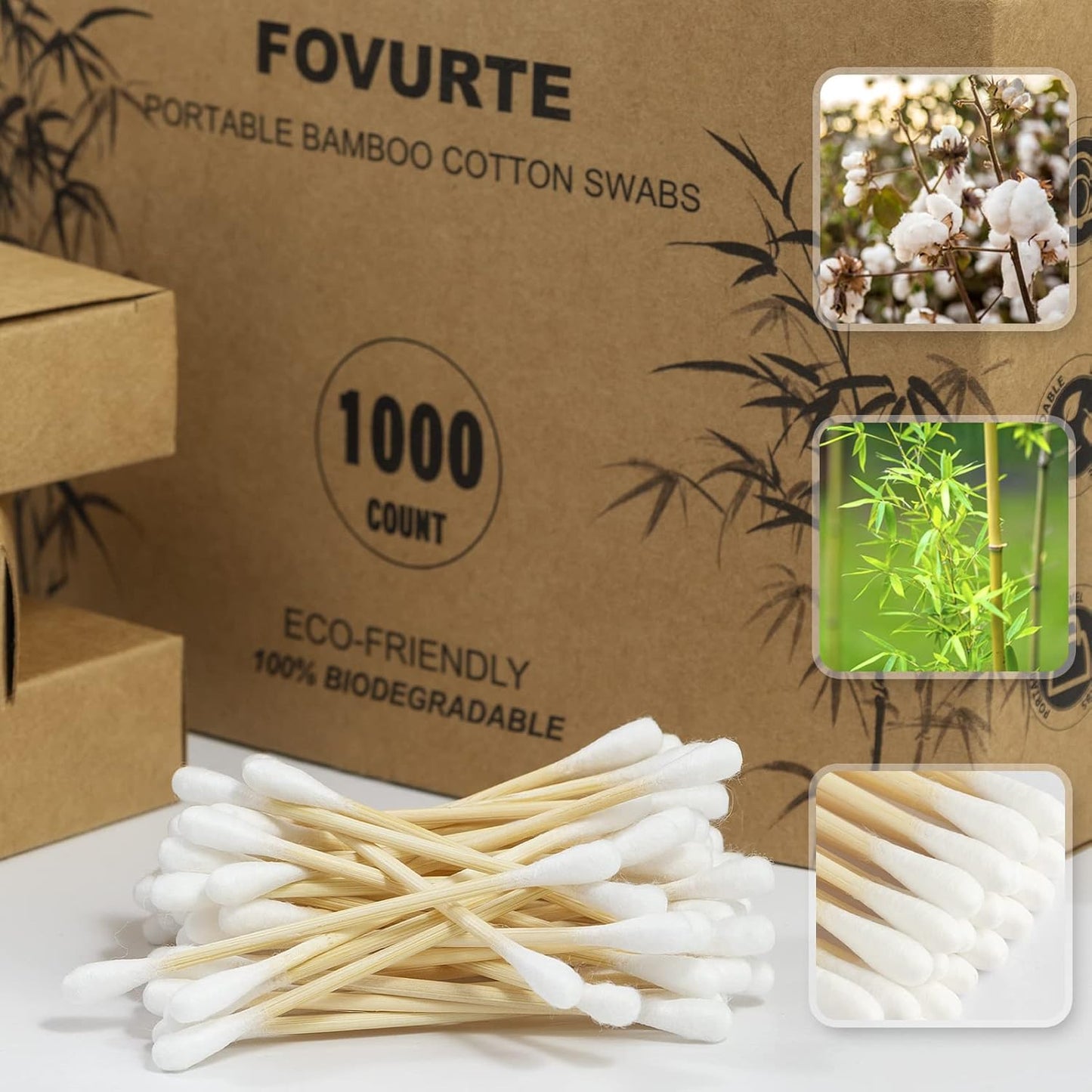Bamboo Cotton Swabs 1000 Count - Natural Cotton Swab with Round Head Tips, Double Tipped Ear Sticks, Wooden Cotton Buds for Cleaning Travel Makeup