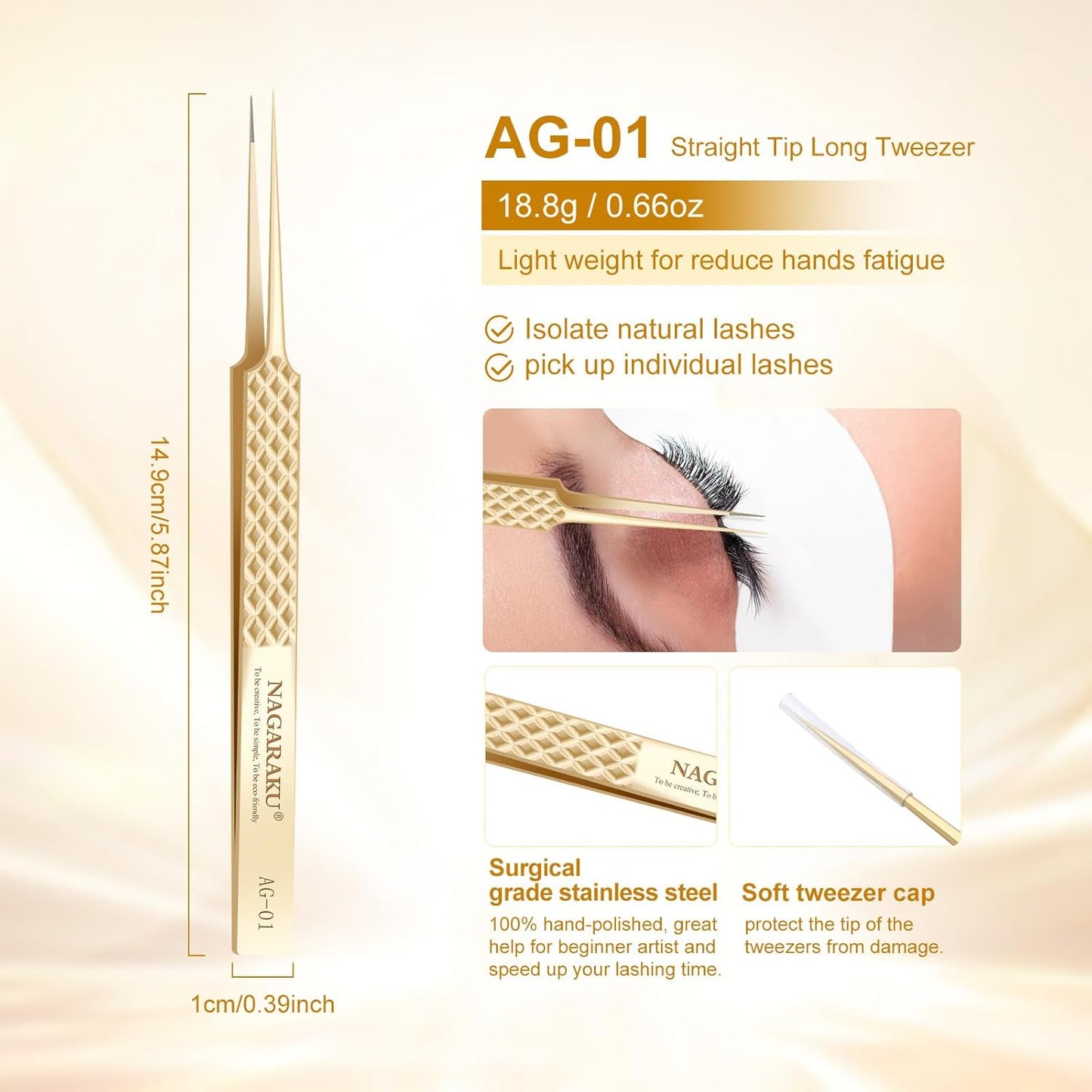 NAGARAKU Precision Fiber Tip Tweezer for Eyelash Extensions Diamond Handle 5cm Slim Tweezers Tip Anti-Static Anti-Slip Stainless Steel Pointed Separate Eyelashes Straight Tweezers with Box(AG-01)