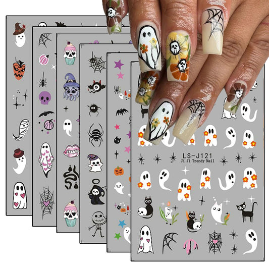 6 Sheets Halloween Nail Art Stickers 3D Self Adhesive Cute Coal Ball Ghost Skull Designs Pumpkin Nail Stickers Spider Web Stars Bat Nail Decals Sticker Halloween Nails Art Supplies for Women