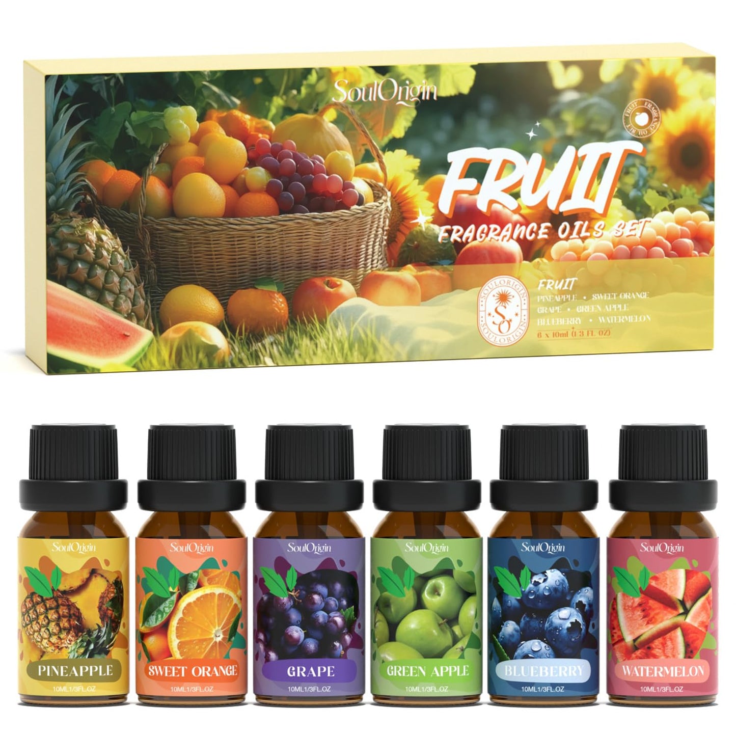 Fruit Essential Oils Set, Fragrance Oil Set for Diffuser, Scent Diffuser Oil for Candle Making- Pineapple, Sweet Orange, Grape, Green Apple, Blueberry, Watermelon