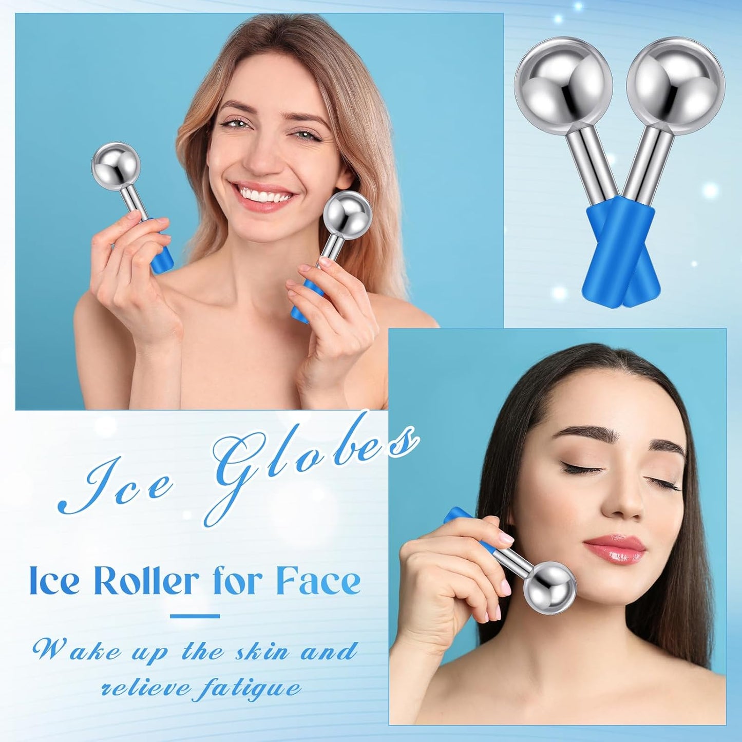 Baderke 2 Pcs Ice Globes for Face Stainless Steel Cooling Globes Unbreakable Cooling Roller Women Ice Balls Cryo Sticks Face Skin Care for Dark Circles, Puffiness(Silver (blue Handle))
