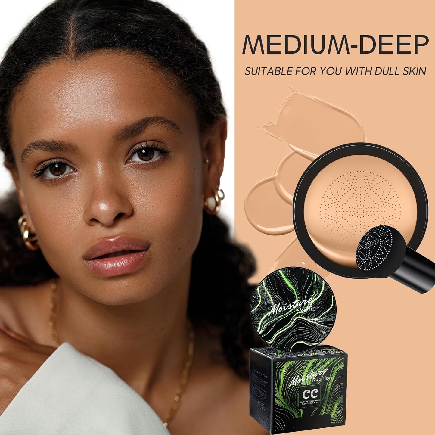 Mushroom Head Air Cushion CC Cream - BB Cream Foundation Makeup Moisturizing Concealer Long-Lasting, Cushion Foundation Full Coverage Self Adjusting for Mature Skin & All Skin Types （Medium Deep)