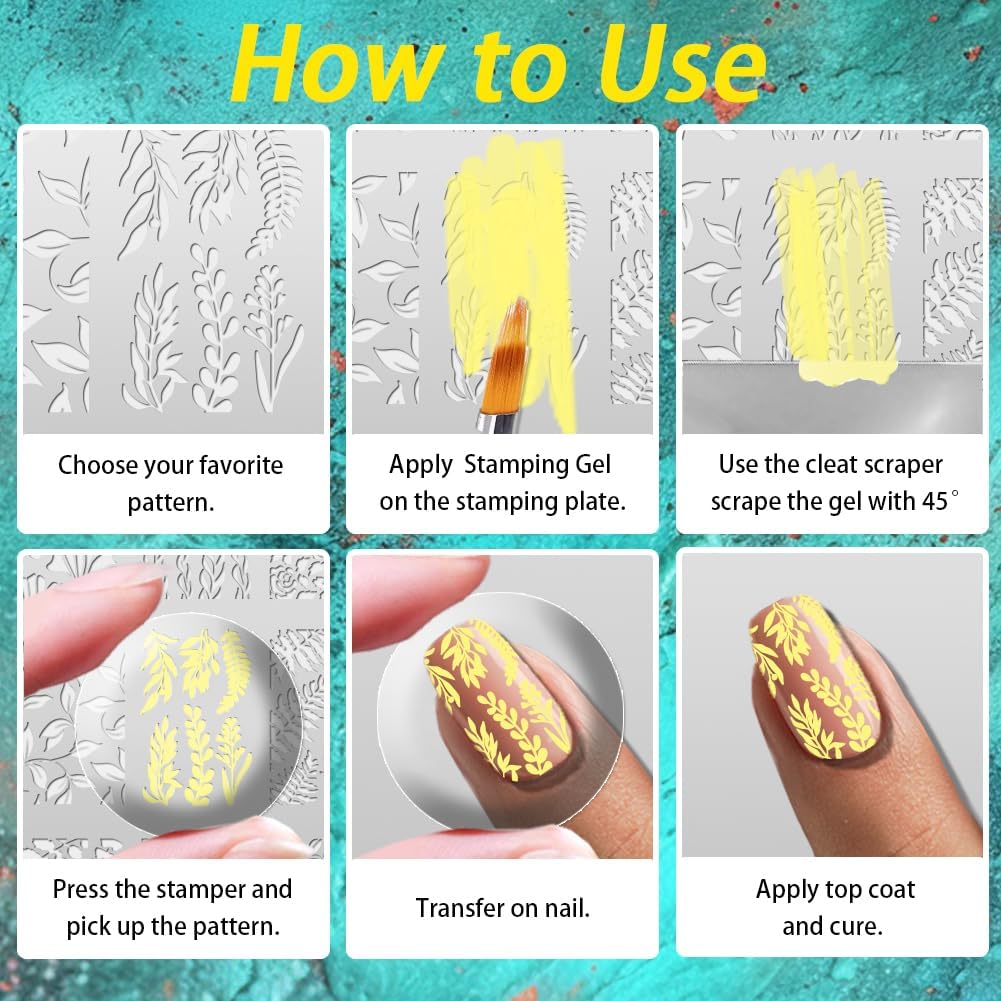 3Pcs Butterfly Nail Stamping Plate Set Floral Ginkgo Maple Leaves Stainless Steel Nail Stamp Templates Clear Silicone Nails Stamping with Stamper Scraper for Manicure Printing