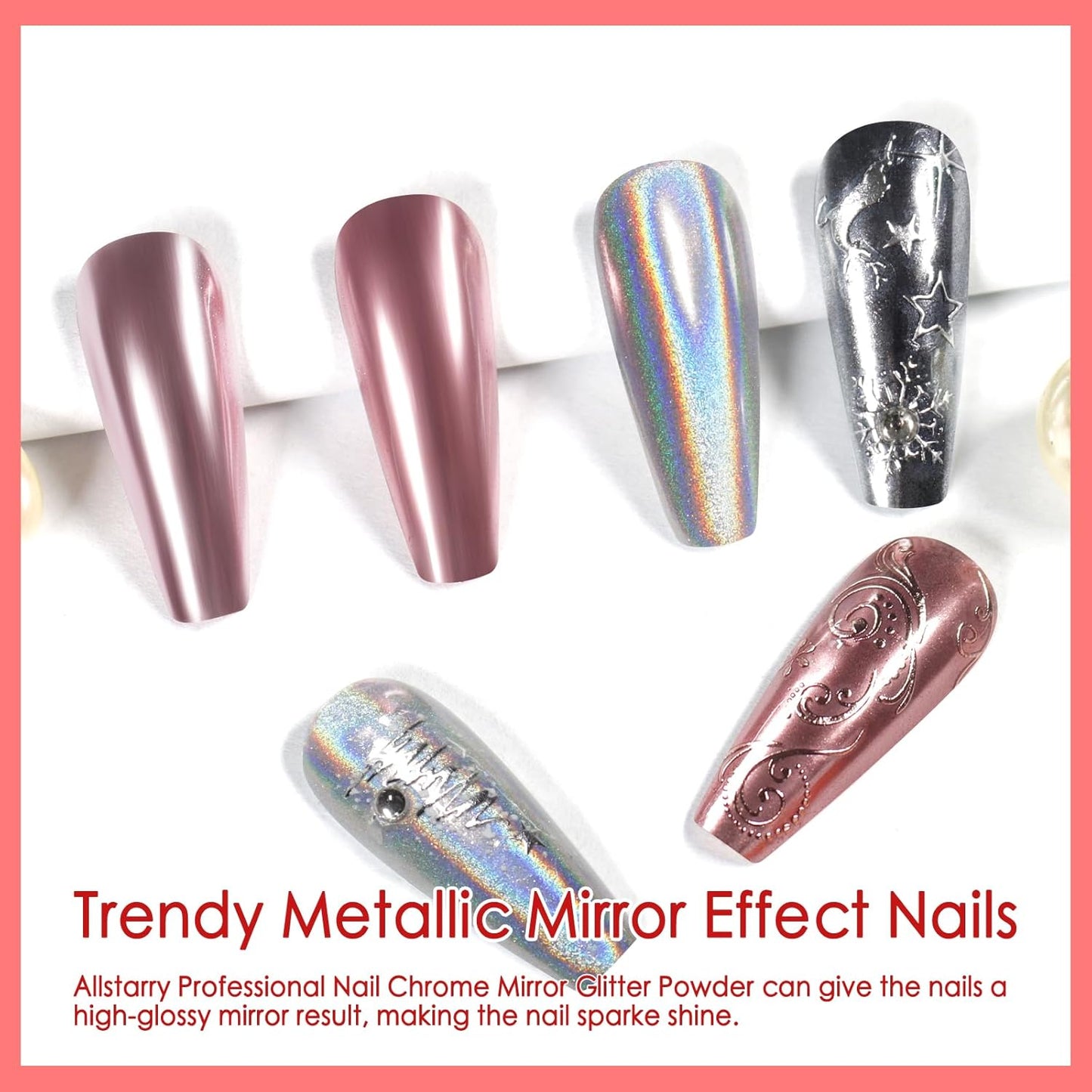 Allstarry Chrome Nail Powder, Metallic Mirror Effect Pigment Chrome Holographic Nail Glitter Magic Unicorn Glitter Dust Kit for Manicure Valentines Nail Art Decoration- Pink Silver Grey Series
