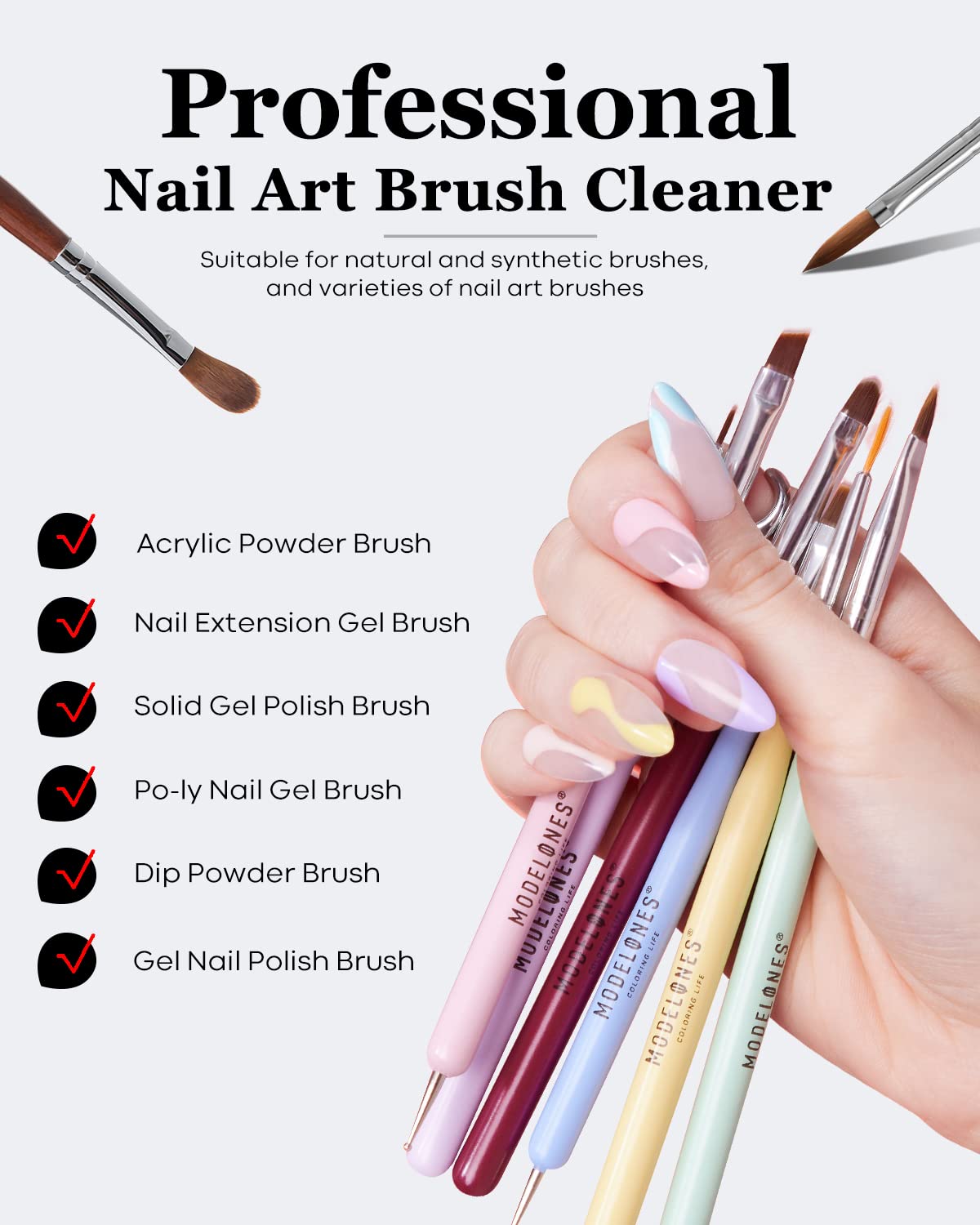 Modelones Nail Art Brush Cleaner & Restorer for Nail Polish/Extension Gel/Solid Builder Gel/Dip Powder/Acrylic Manicure Kits DIY Salon at Home - 80ml, W/Pro Brush