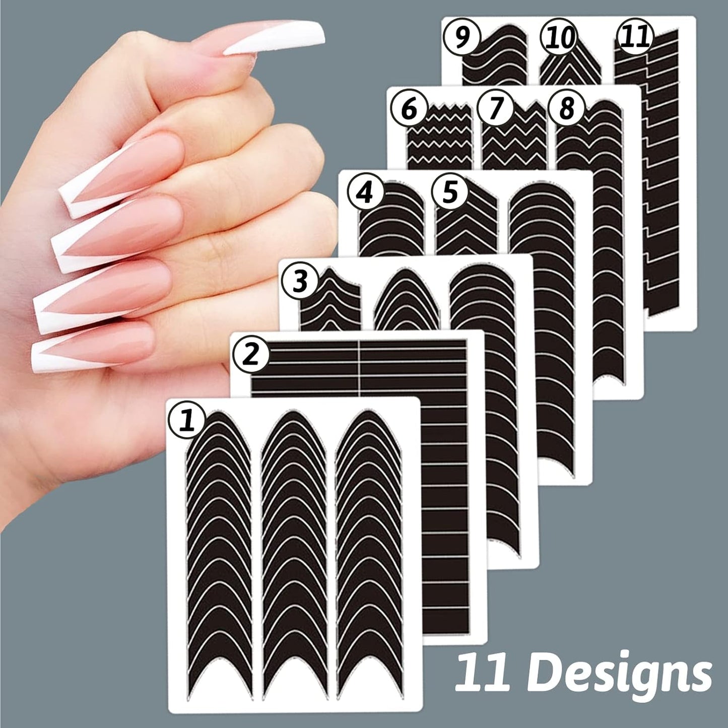 1422 Pcs French Tip Nail Guides, Self-Adhesive French Moon Shaped V-Shaped Manicure Strip Stickers for Edge Auxiliary Black DIY Decoration Stencil Tools(11 Designs, 36 Sheets)