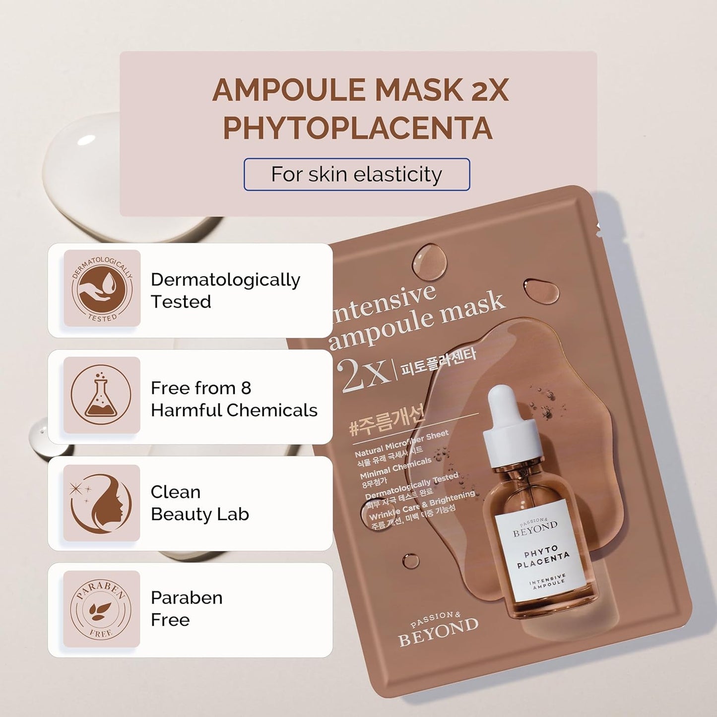 BEYOND Intensive Ampoule Mask 2X Phytoplacenta (25ml/0.85fl oz * 10 sheets) - Dermatologically Tested Hypoallergenic Sheet Masks for Improved Skin Elasticity