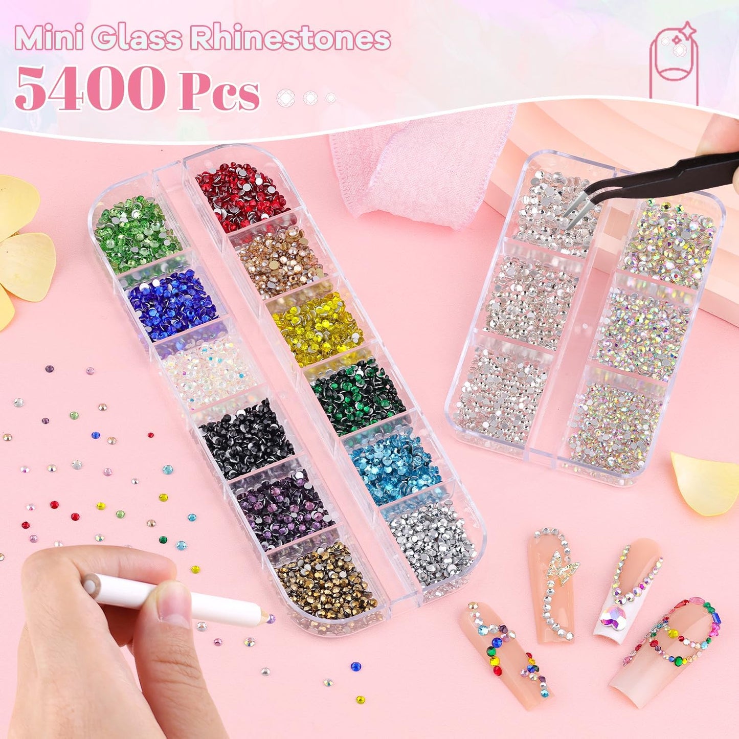 5400Pcs Glass Crystal Small Rhinestones for Nail Art with Nails Rhinestone Glue, AB Clear Multicolors Flatback Bedazzling Gems, Nail Rhinestones and Gems Crystals Charm for Acrylic Tips Manicure Decor