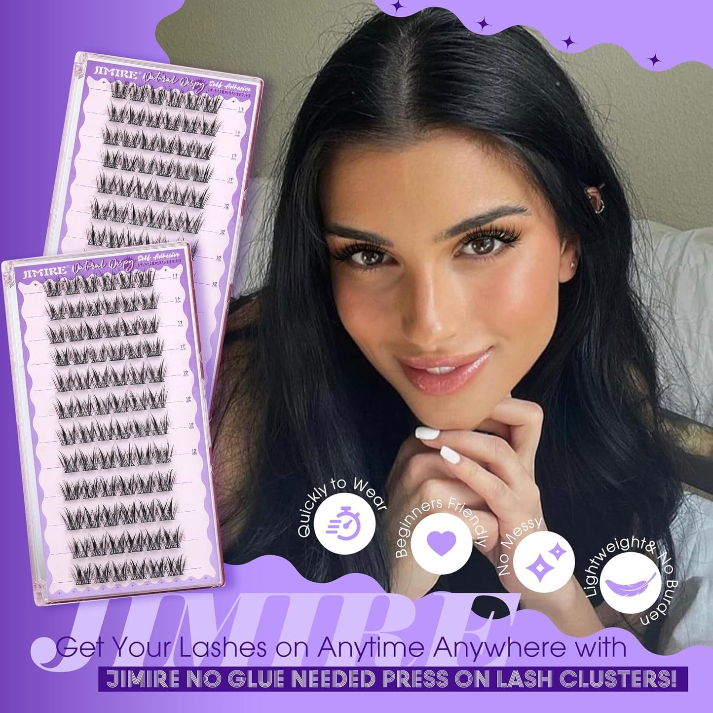 JIMIRE Self Adhesive Eyelashes Manga Lash Clusters Natural Look 11-13MM Wispy Pre Glued Lashes Clusters No Glue Needed Press on Lashes Reusable Invisible Band Fluffy Cluster Eyelash Extensions