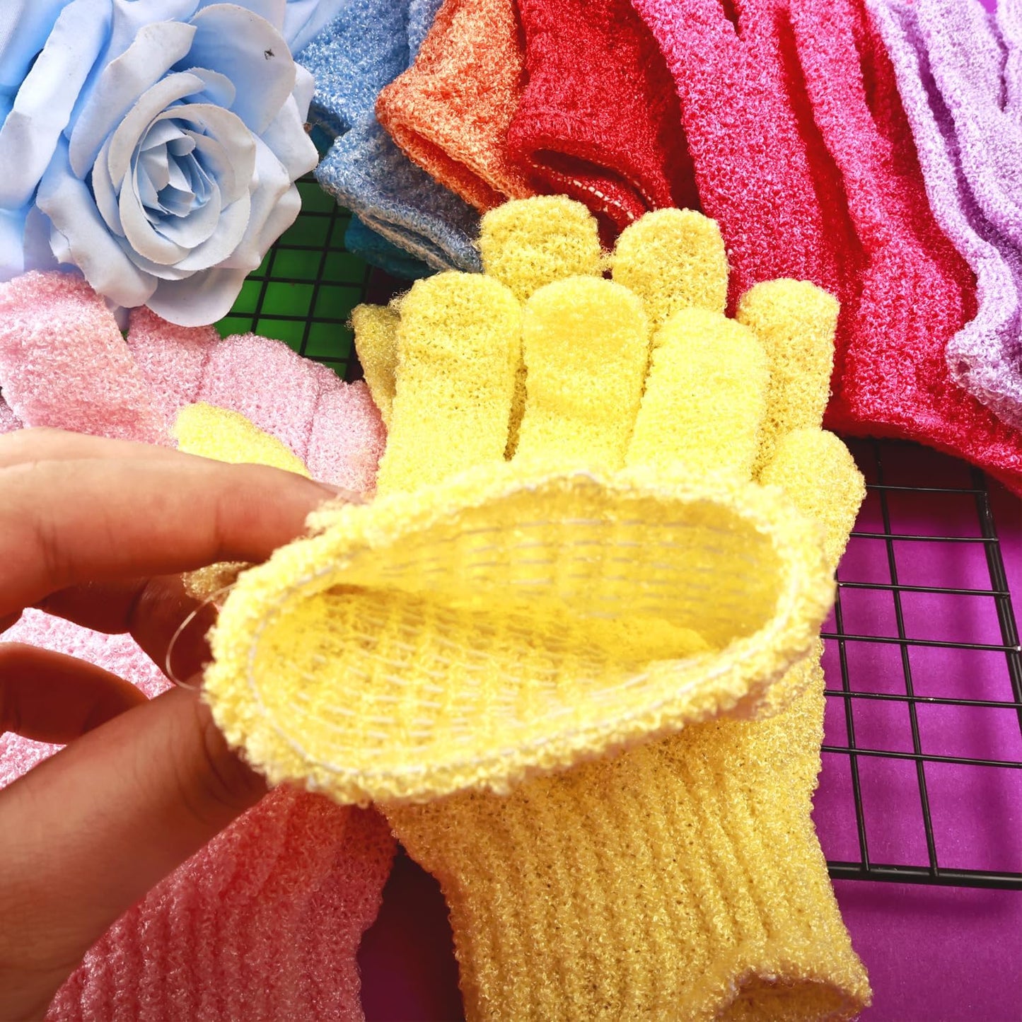 16 Pcs Exfoliating Bath Gloves Shower Gloves, 8 Colors Double Sided Exfoliating Gloves for Beauty Spa Massage Skin Shower Body Scrubber Bath Accessories, Made of Nylon