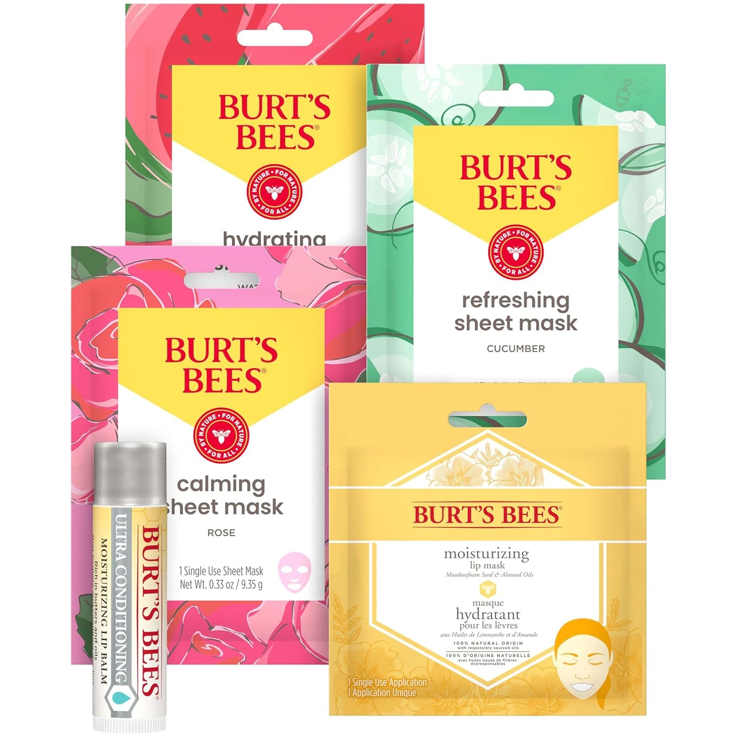 Burt’s Bees Mask Bundle Gift Set; , Ultra Conditioning Lip Balm and Moisturizing Lip, Refreshing Sheet and Calming Sheet Masks; Festive Packaging; 1 Gift Set