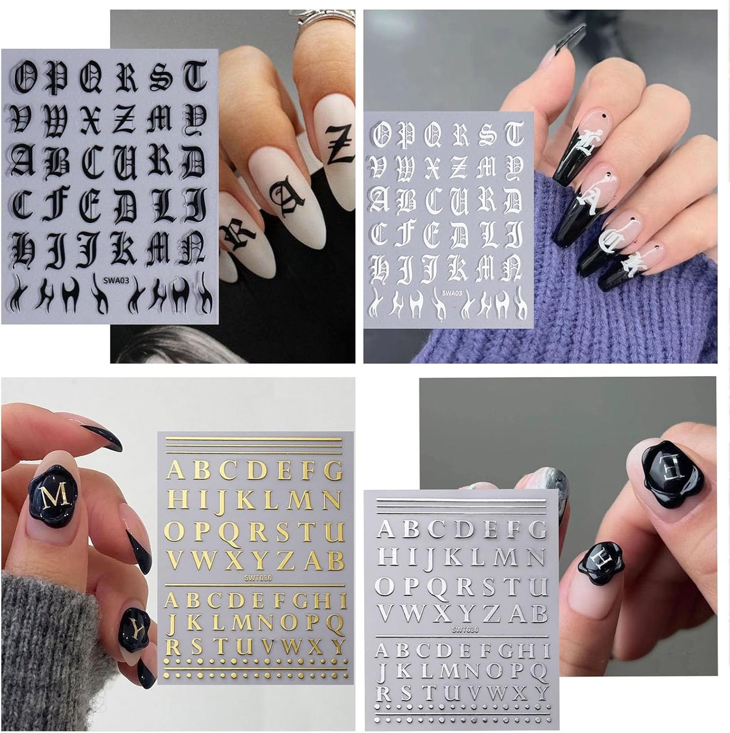 8 Sheets Letters Nail Stickers Decals Alphabet Numbers Nail Decals for Nail Art 3D Self-Adhesive Metallic Black Silver Gold Nail Art Stickers Supplies for Women Girls Nail Decoration Manicure