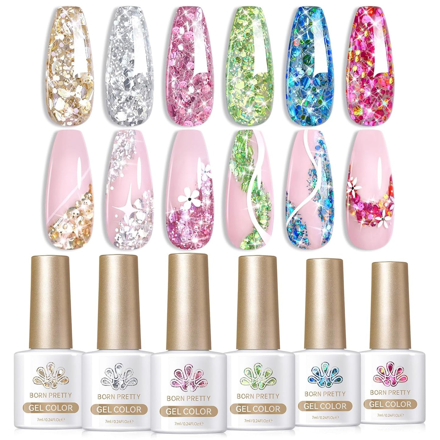 Born Pretty Glitter Gel Nail Polish with Sequins, 6 Pcs Gold Silver Purple Green Blue Hot Pink Long Lasting Sparkly Shiny U V Gel Polish Set for Manicure and Nail Art, DIY at Home, Salon-Quality 7ml