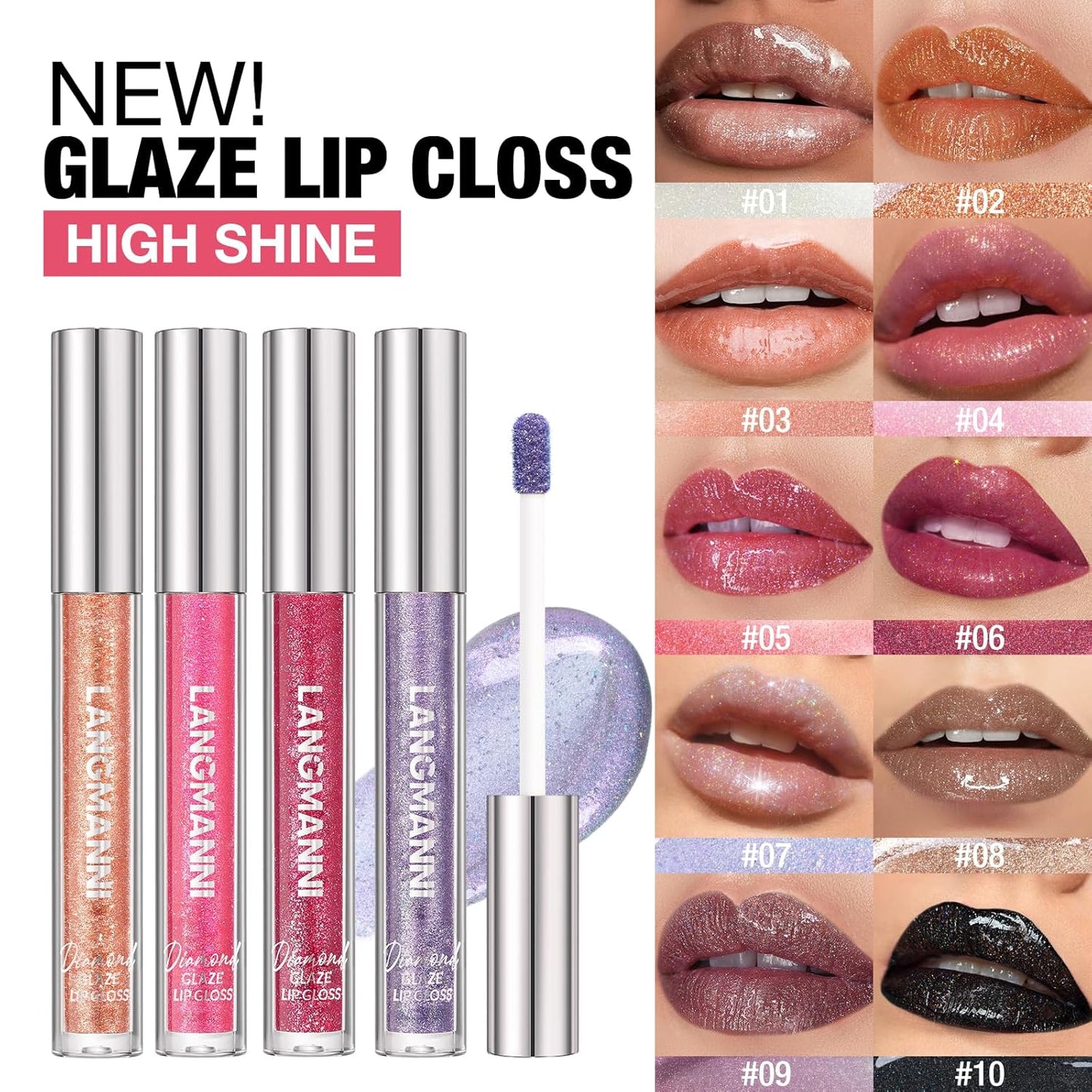LANGMANNI 4 Colors Diamond Glitter Lip Gloss Set,Long Lasting High Shine Shimmer Liquid Lipstick Set,Hydrating,Moisturizing Lip Gloss Kit Gift Makeup For Girls(#04+06+09+10)