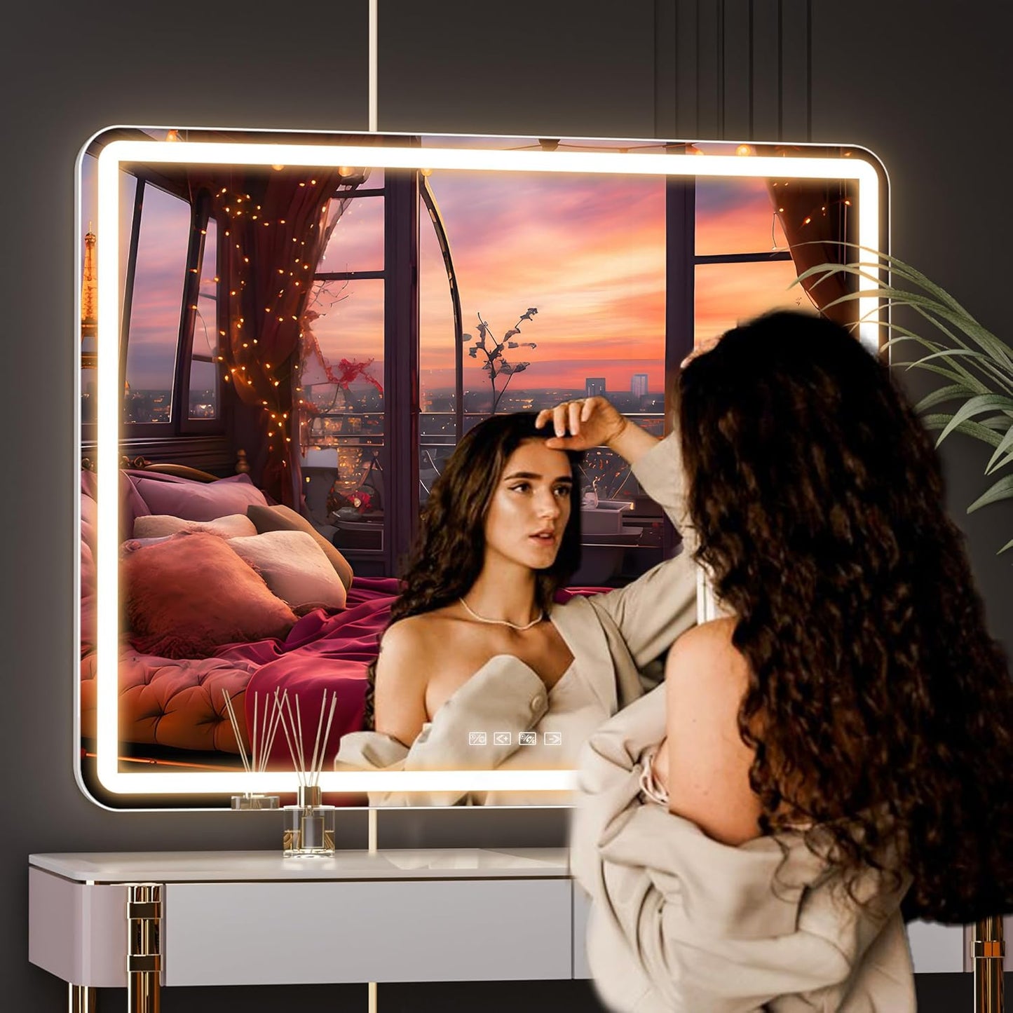 Hasipu Vanity Mirror with Lights and Bluetooth Speaker, 39.4" x 29.5" LED Makeup Mirror, Lighted Makeup Mirror with Dimmable 3 Modes, USB Charging Port, Round White