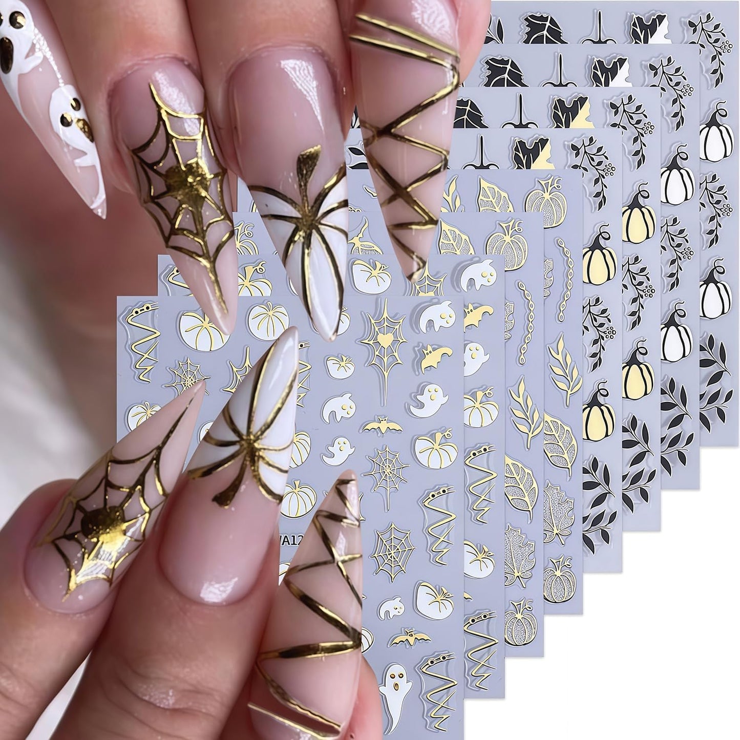 8 Sheets Fall Halloween Nail Stickers for Nail Art Pumpkins Nail Decals 3D Self-Adhesive Autumn Maple Leaf Cute Ghost Pattern Design Sticker Decoration for Women DIY Holiday Party Nails Supplies