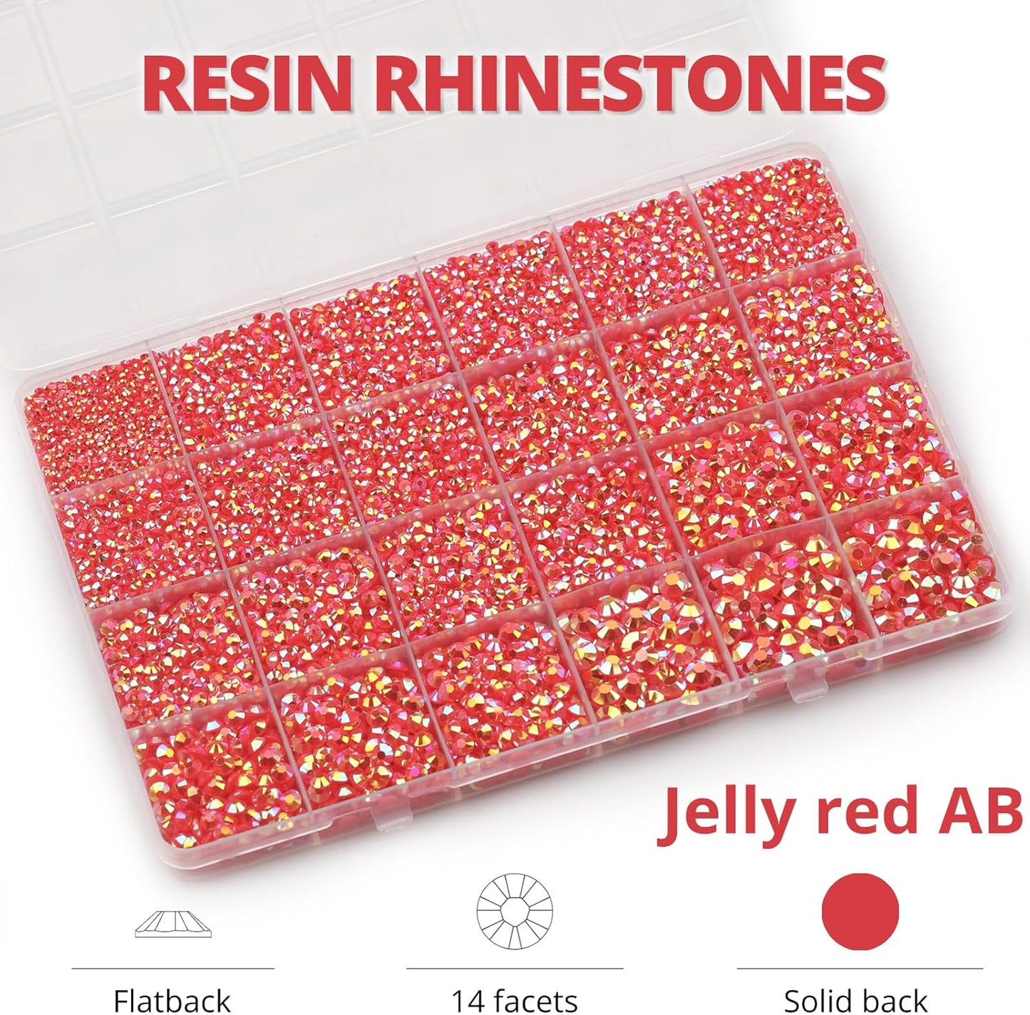 30000Pcs Resin Jelly Rhinestones Set for Crafting Bedazzling, Red ab Flatback Gems Jewels for Crafts Clothes Shoes Fabric Outfit Nails Makeup, Flat Back Crystal 2-6mm with b 7000 Glue