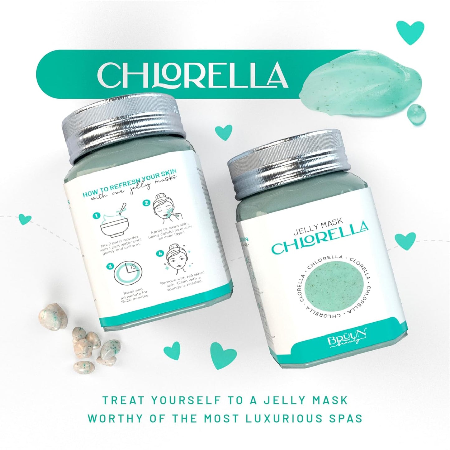 BRÜUN Jelly Mask Jar Chlorella Peel-Off Face Care Rubber Mask - A 23 fl oz Skin Care Moisturizing Gel Mask Jar Spa Set for Men, Women and Adults on Formal Gatherings and Events