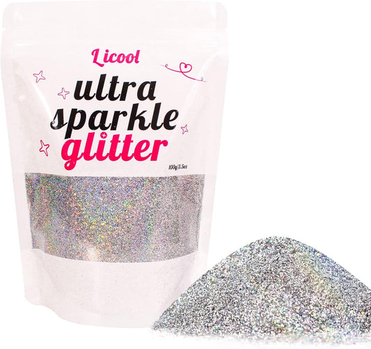 100g Holographic Ultra Fine Glitter, Sparkle Makeup Glitter, Extra Fine Craft Glitter Resin Sequins for Epoxy Glass Resin Art Tumblers Body Hair Face Nail (Laser Silver)