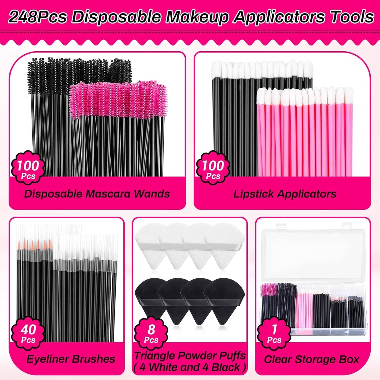 Disposable Makeup Accessories with Makeup Applicators Triangle Makeup Puffs, Mascara wands, Disposable Lip Applicators, liner Brushes Makeup Tools for Makeup Artist Supplies