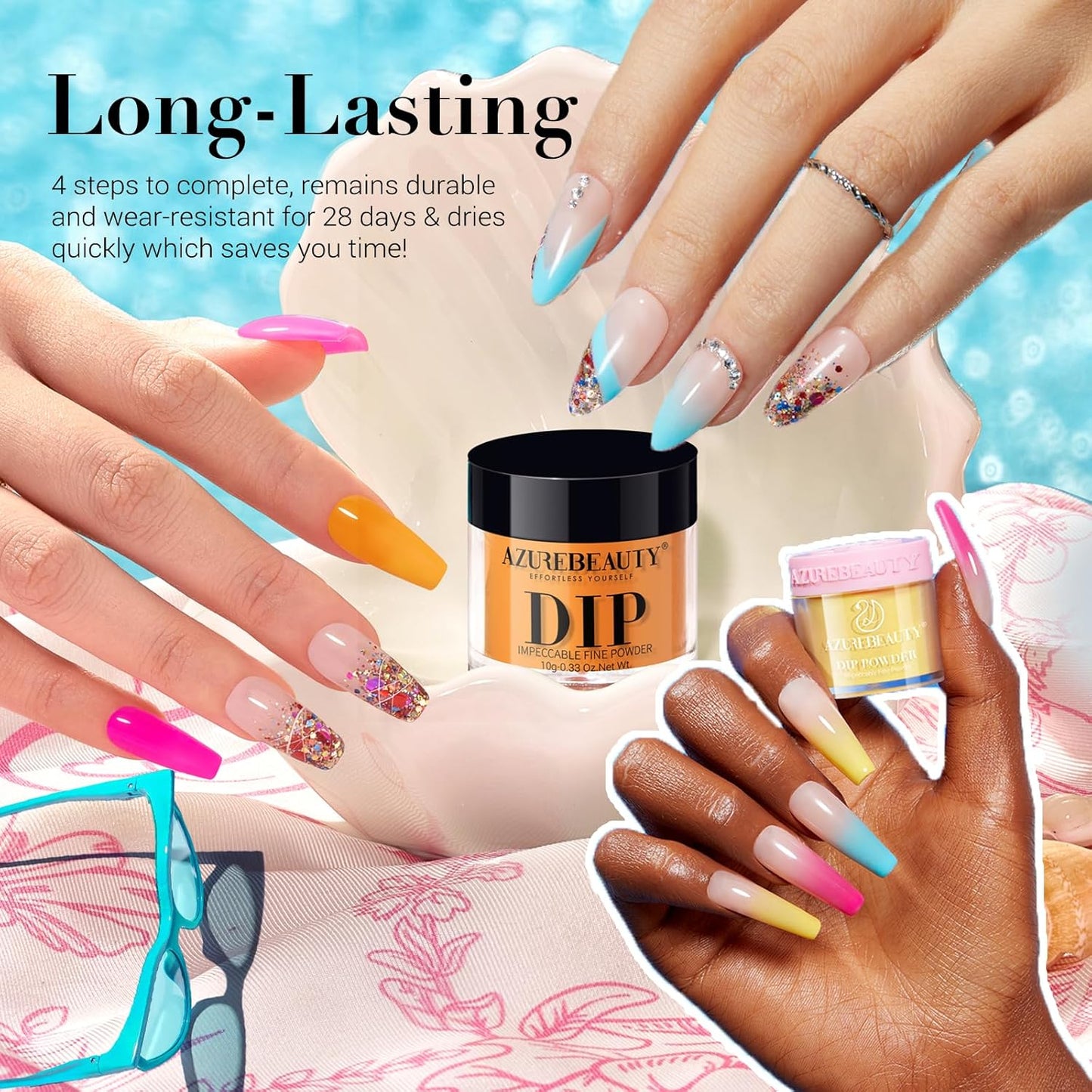 AZUREBEAUTY 42Pcs Dip Powder Nail Kit Starter, 32 Colors Spring Rainbow Bright Pink Red Green Acrylic Dipping Powder Set with Top/Base Coat Activator for French Art Manicure DIY Salon Gift