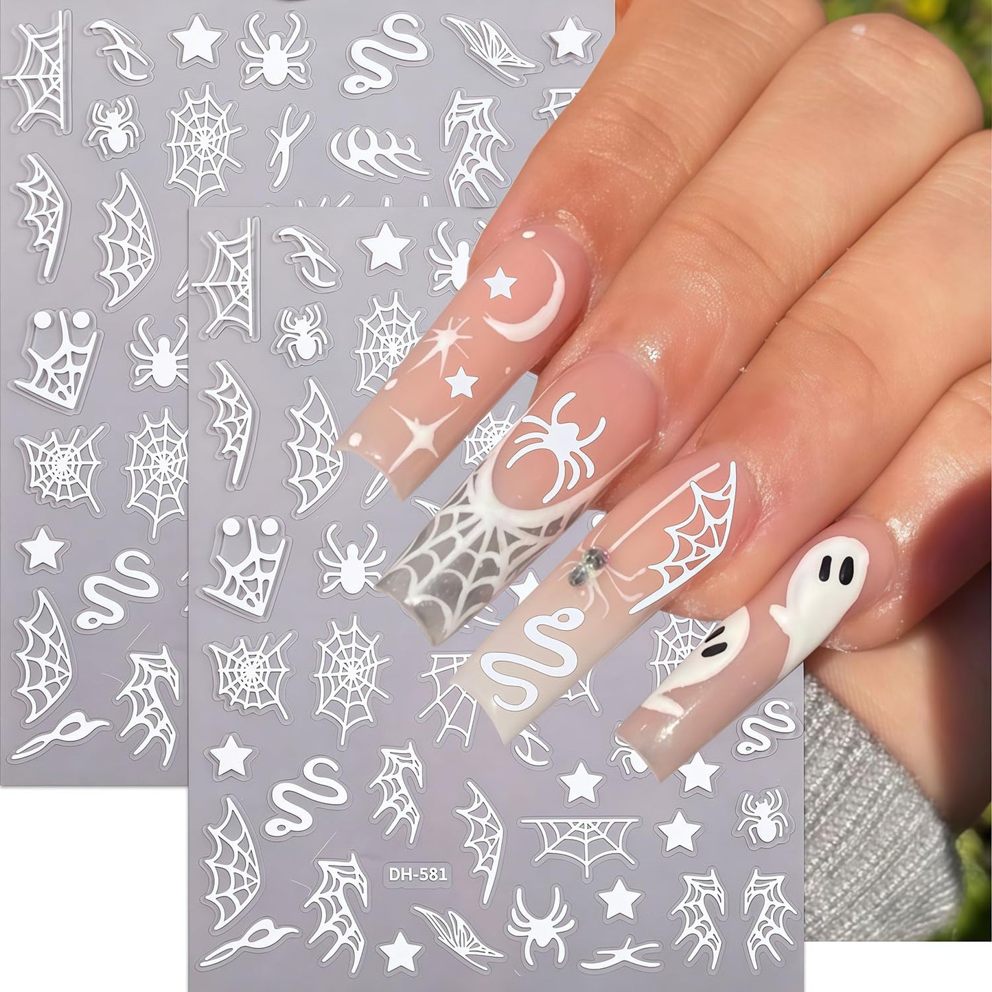 8 Sheets Halloween Nail Art Stickers Spider Web Nail Decals 3D Self-Adhesive Black Silver White Gold Snake Spiders Spider Web Nail Stickers Design Holiday Sticker for DIY Nails Decoration Accessories