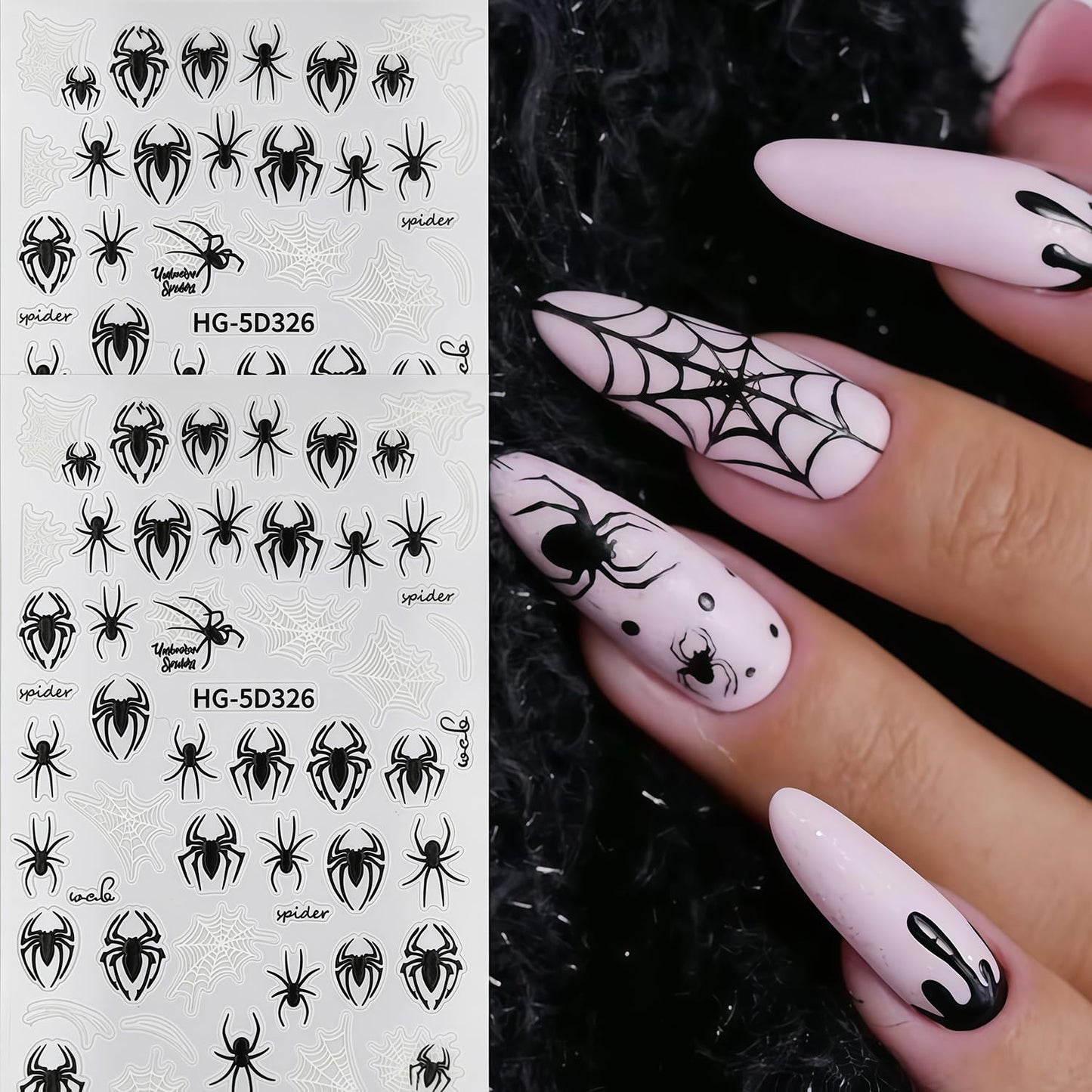 8 Sheets Halloween Nail Art Stickers Spider Nail Decals 3D Self-Adhesive Black and White Spider Web Spiders Nail Sticker Halloween Holiday DIY Salon Manicure Decoration Stickers for Women