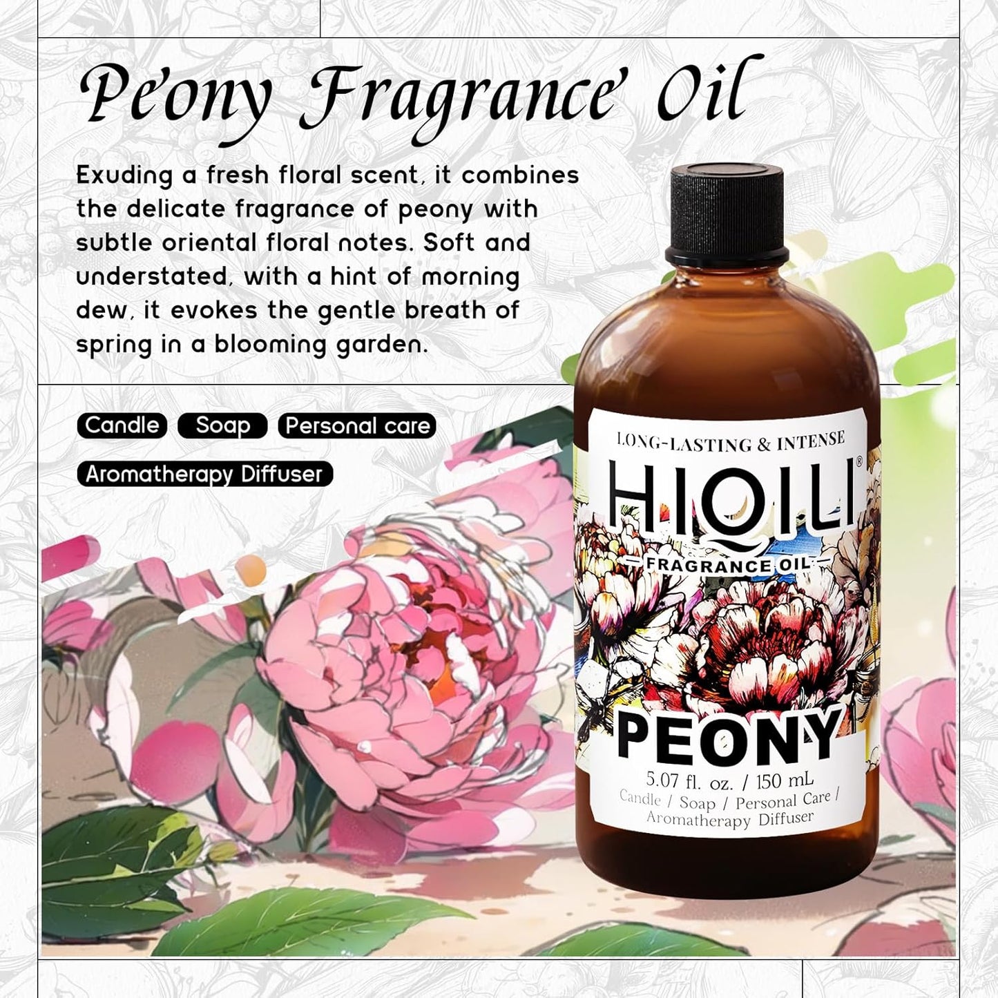 HIQILI Peony Fragrance Oil for Home Diffuser, Idea for Making Candle, Women's Perfume, Car Air Freshener, Skin & Body Care - 5.07 Fl Oz