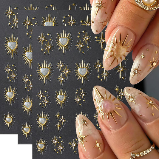 3 Sheets Star Nail Stickers for Nail Art 5D Embossed Gold Nail Decals with Heart Rhinestones Star Design Manicure Supplies Aurora Heart Metallic Star Nail Art Stickers for Women DIY Decor Accessories