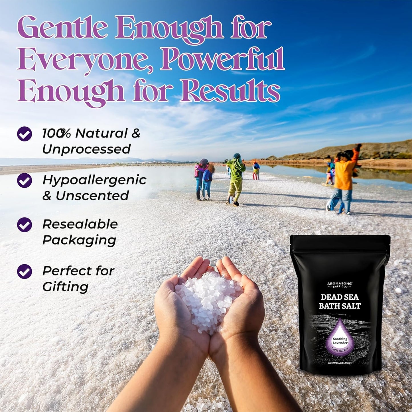 Aromasong Pure Dead Sea Salt for Soaking with 100% Natural Lavender, 14 Oz. - Spa Bath Salt Fine Grain - Body Wash Scrub - Soak for Women & Men- Resealable Pack