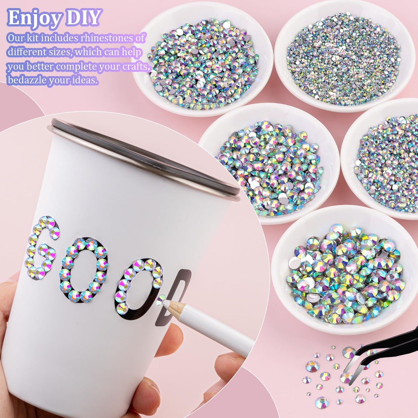 25000Pcs Resin Rhinestones with Tweezers for Crafting, AB 2-6mm Mixed Sizes Bedazzling Crystal with 3Pcs 10ml B7000 Jewelry Glue for DIY Crafts Clothing Tumblers Shoes Fabric Nail Art