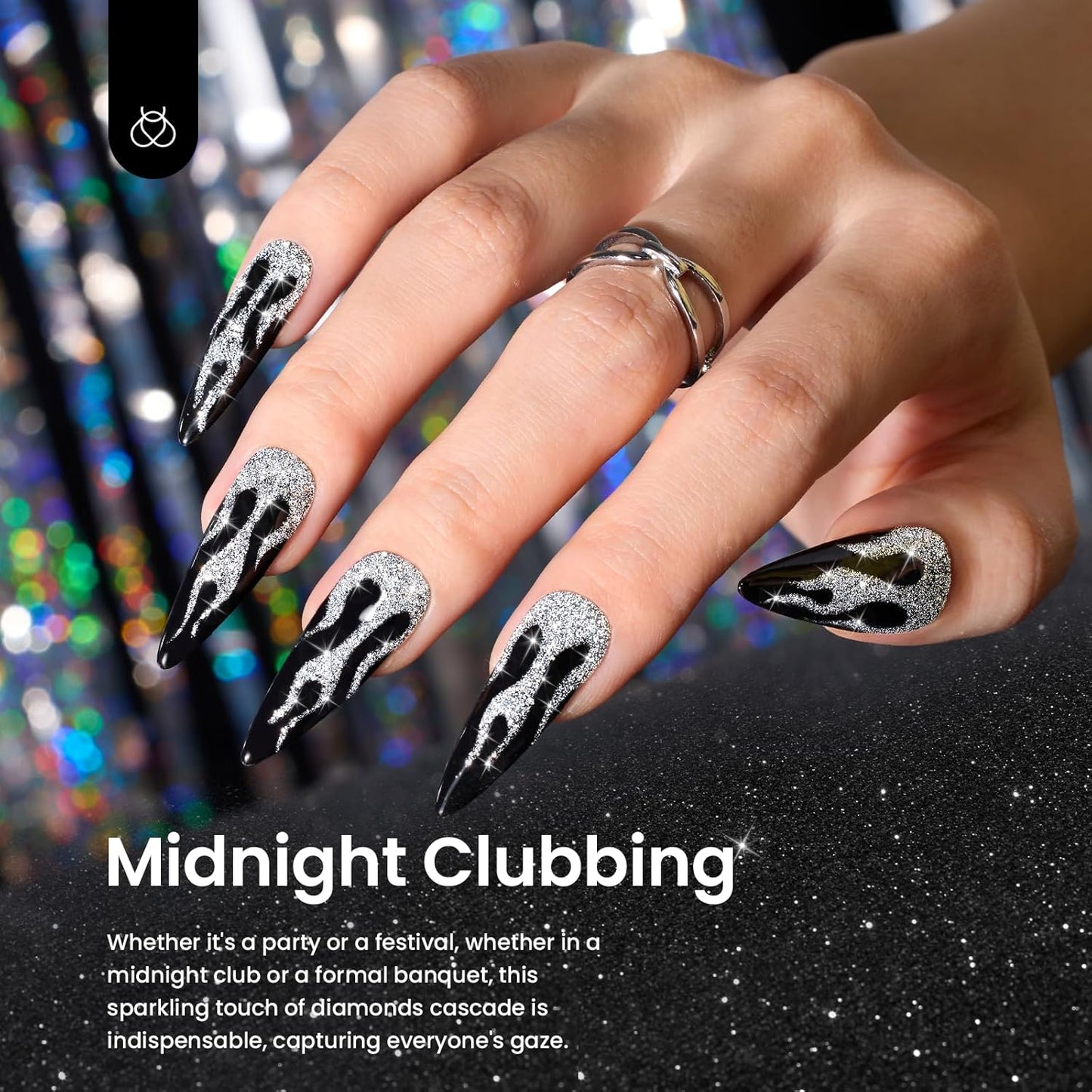 Beetles Reflective Glitter Gel Polish, 2 Pcs Liner Gel Nail Polish Set Black Silver Nail Art Gel Glitter Gel Nail Polish Diamond Shinning Liner Nail Art Design Gifts for Women New Trend