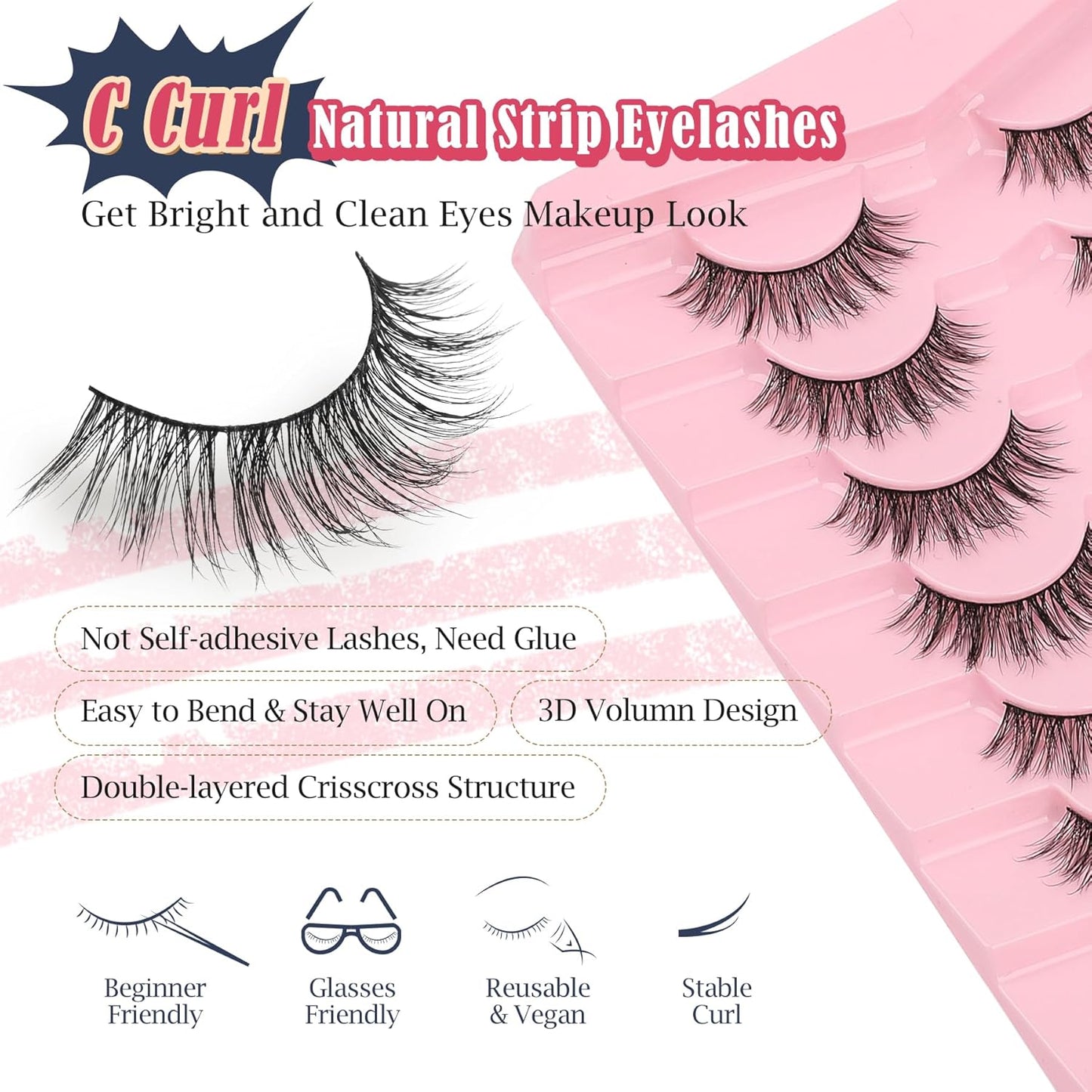 Lashes False Eyelashes Natural 16mm Wispy Lashes Pack Fluffy Eyelashes C Curl Strip Lashes Weightless Fake Lashes 0.1MM Thin Band Eyelash 3D Volume Siligli 7 Pair Lash