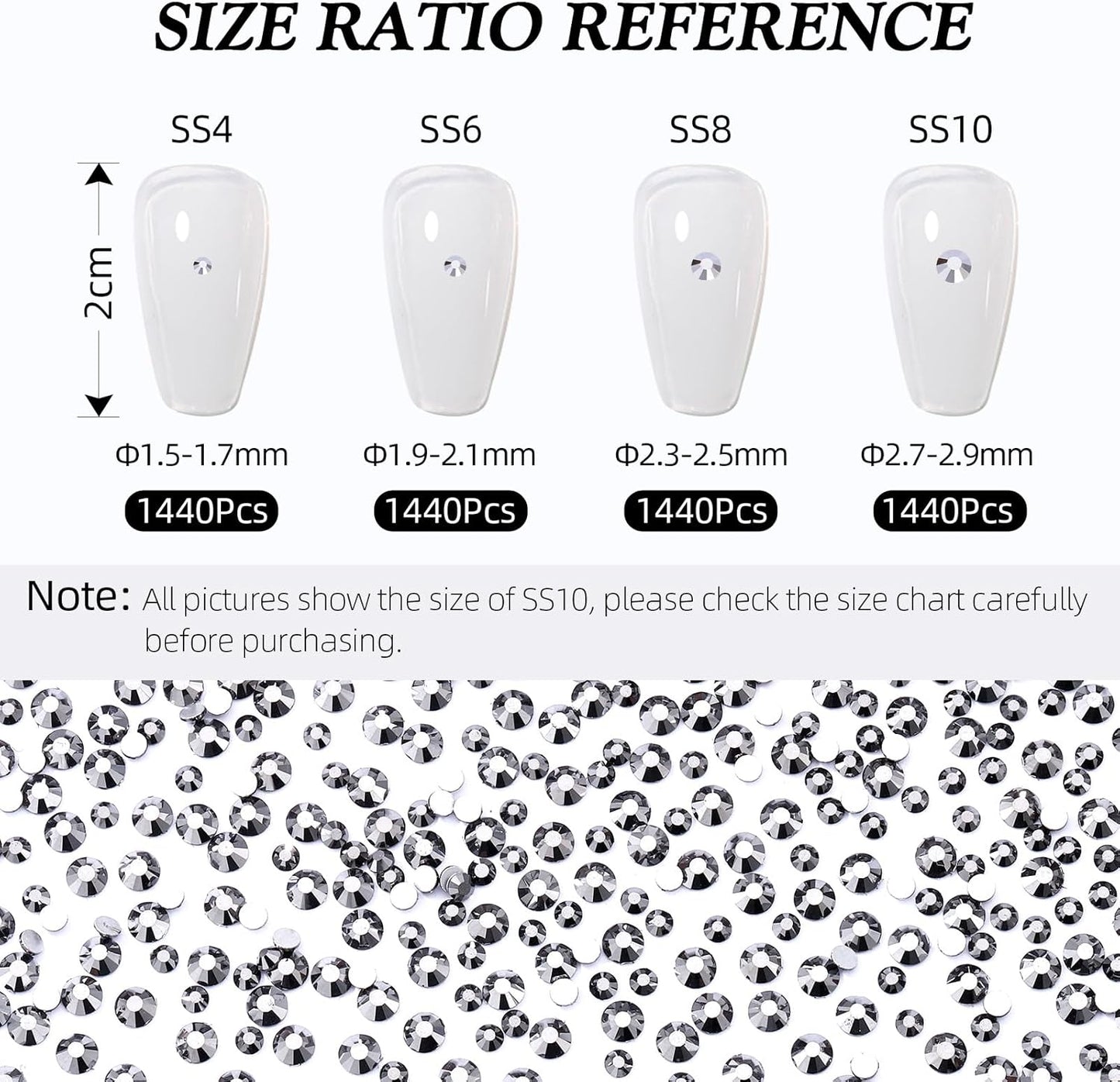 Black Hematite Flatback Rhinestones, Glass Rhinestones for Nail Art and Craft, Glue Fix, Loose Crystal Gemstones(Black Hematite, SS10, 1440pcs, 2.7-2.8mm)