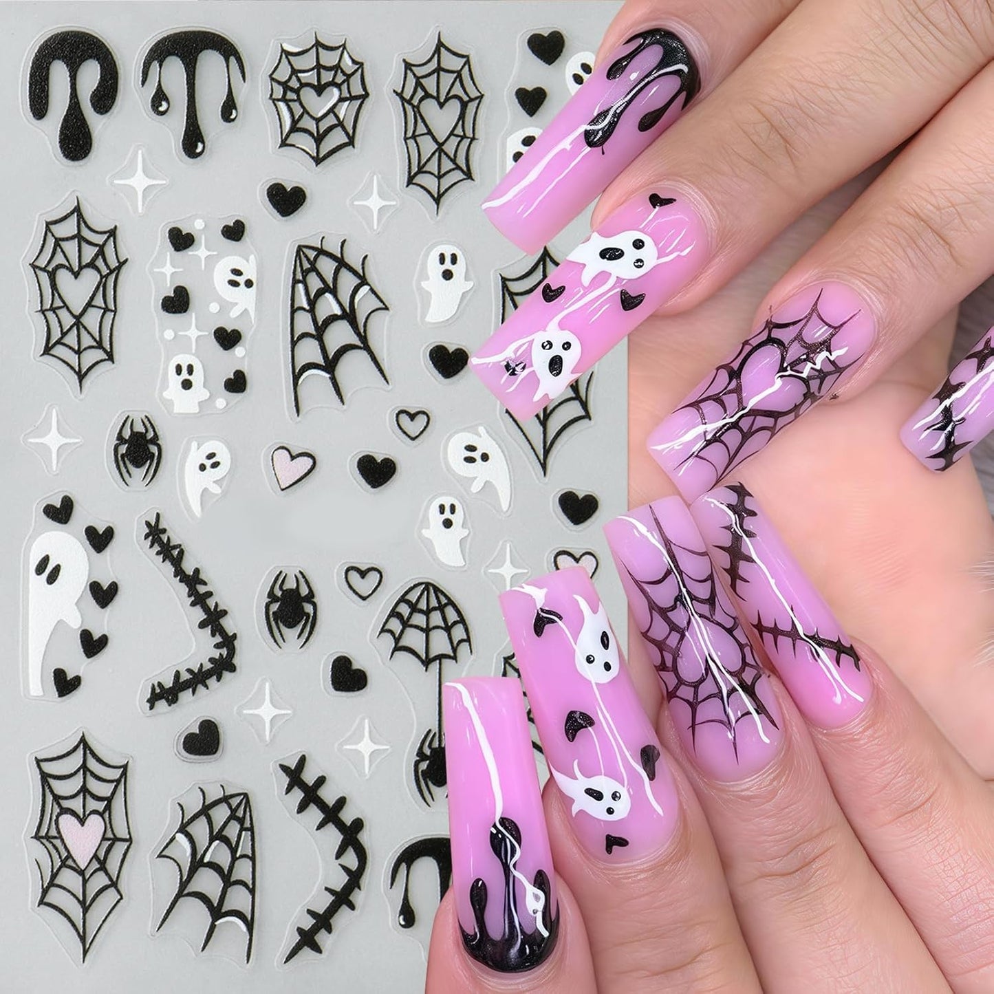 5 Sheet Halloween Nail Stickers 5D Micro Relief Self-Adhesive Cute Ghost Spider Web Nail Decals Ghost Spider Web Skull Bat Nail Design Classic Halloween Decoration for Women Manicure Art Supplies