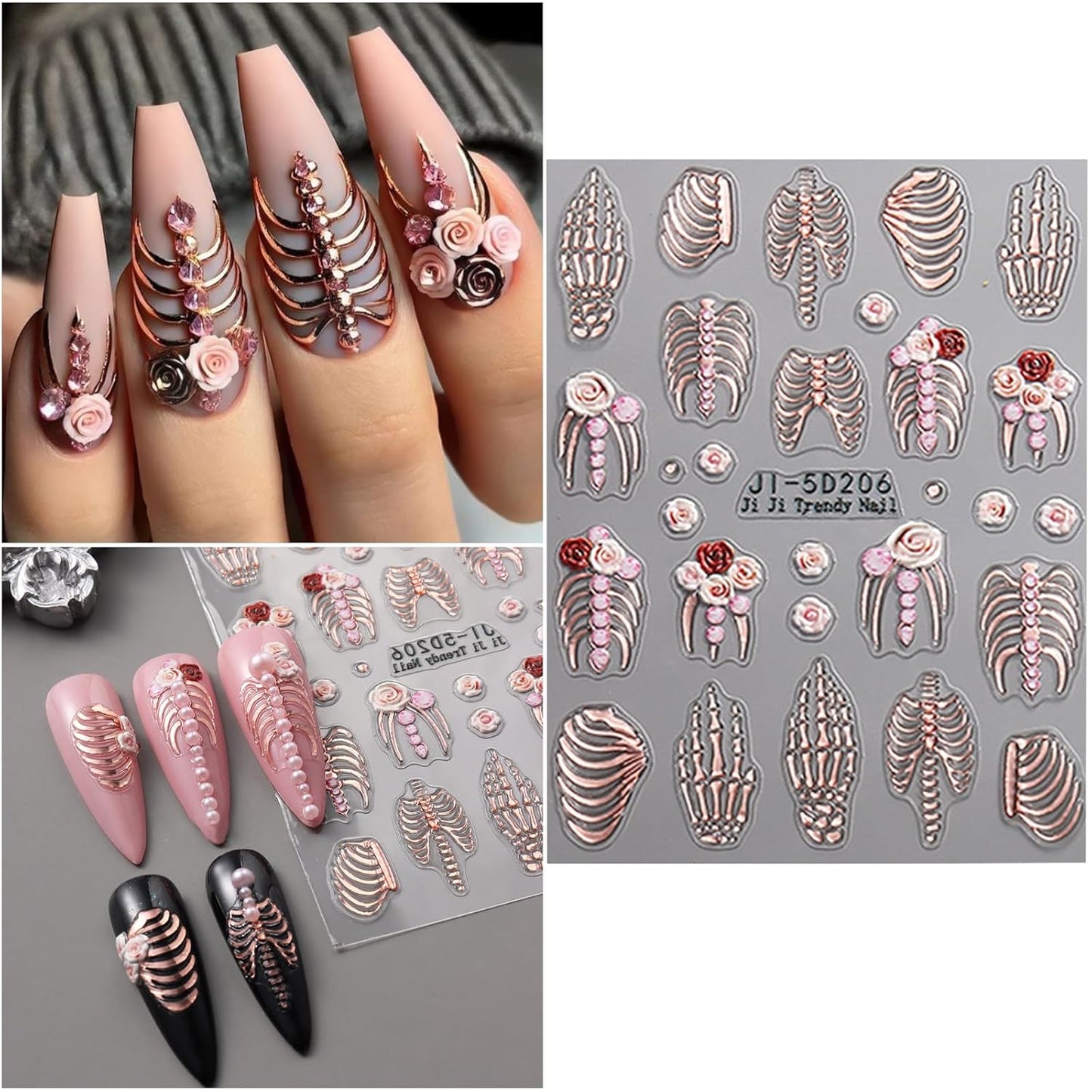 5 Sheets Halloween Nail Art Stickers Decals 5D Nail Decals Gold White Bone Pattern Sticker Self-Adhesive Skull Nails Supplies Accessories 3for Women Halloween Nails DIY Decoration