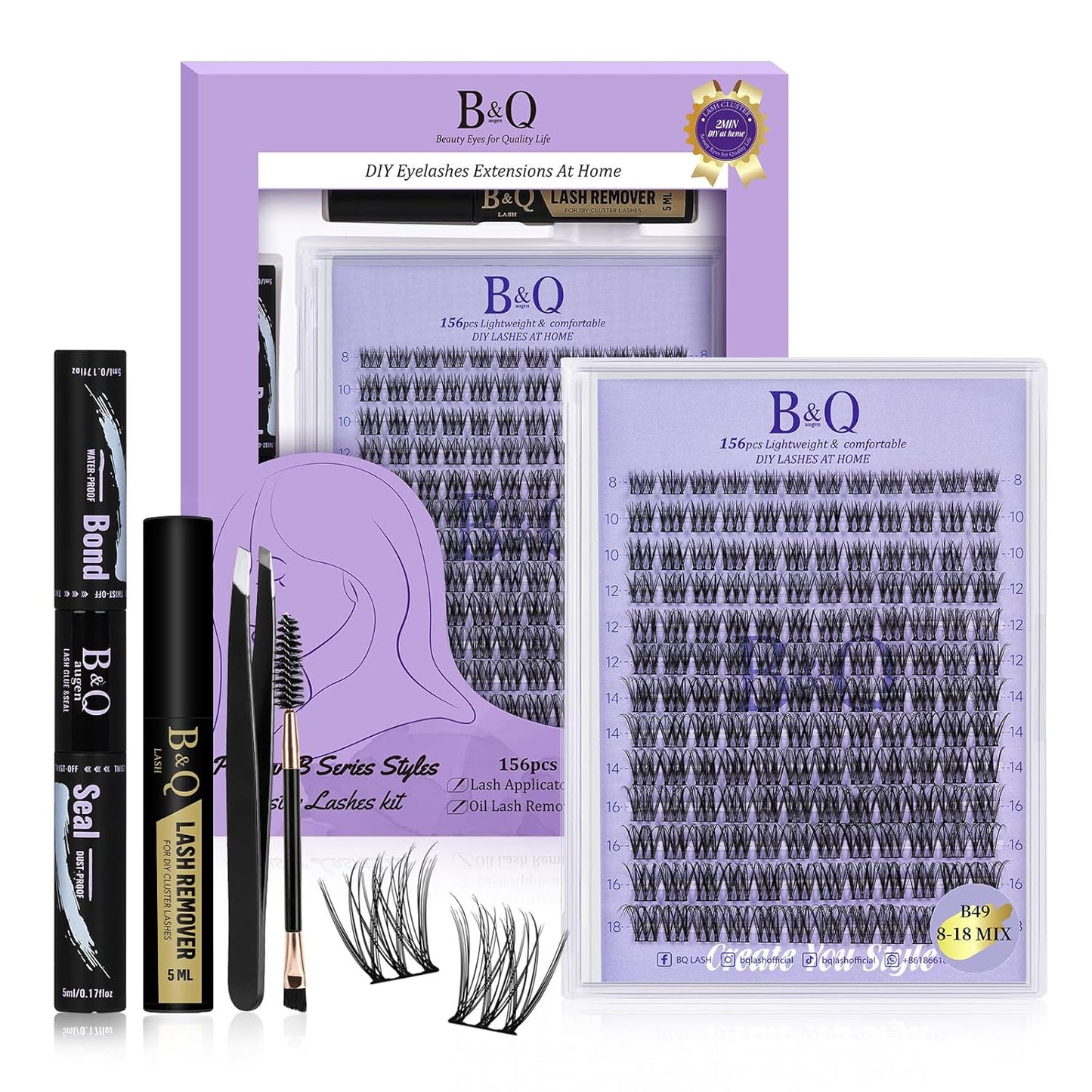 Lash Extension Kit B49 Eyelash Extension Kit B&Qaugen DIY Lash Extension Kit 156 PCS Lash Clusters 8-18mm Cluster Eyelash Extensions Kit with Lash Bond and Seal Lash Applicator Tool (Kit,B49)